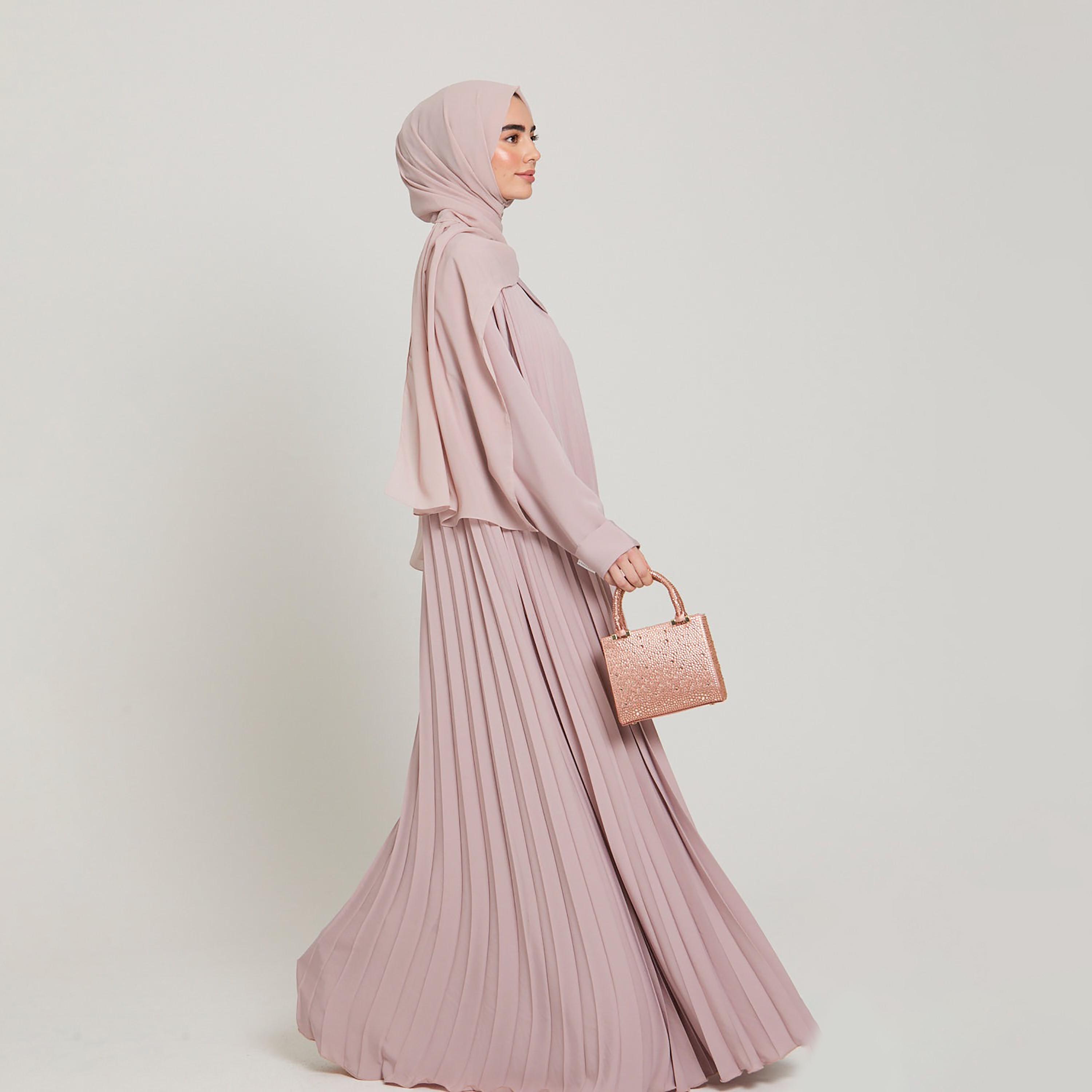 Nukhbaa Pink Cuff Sleeves Pleated Women's Abaya with Hijab-women-arabicclothing-abayas-image-4