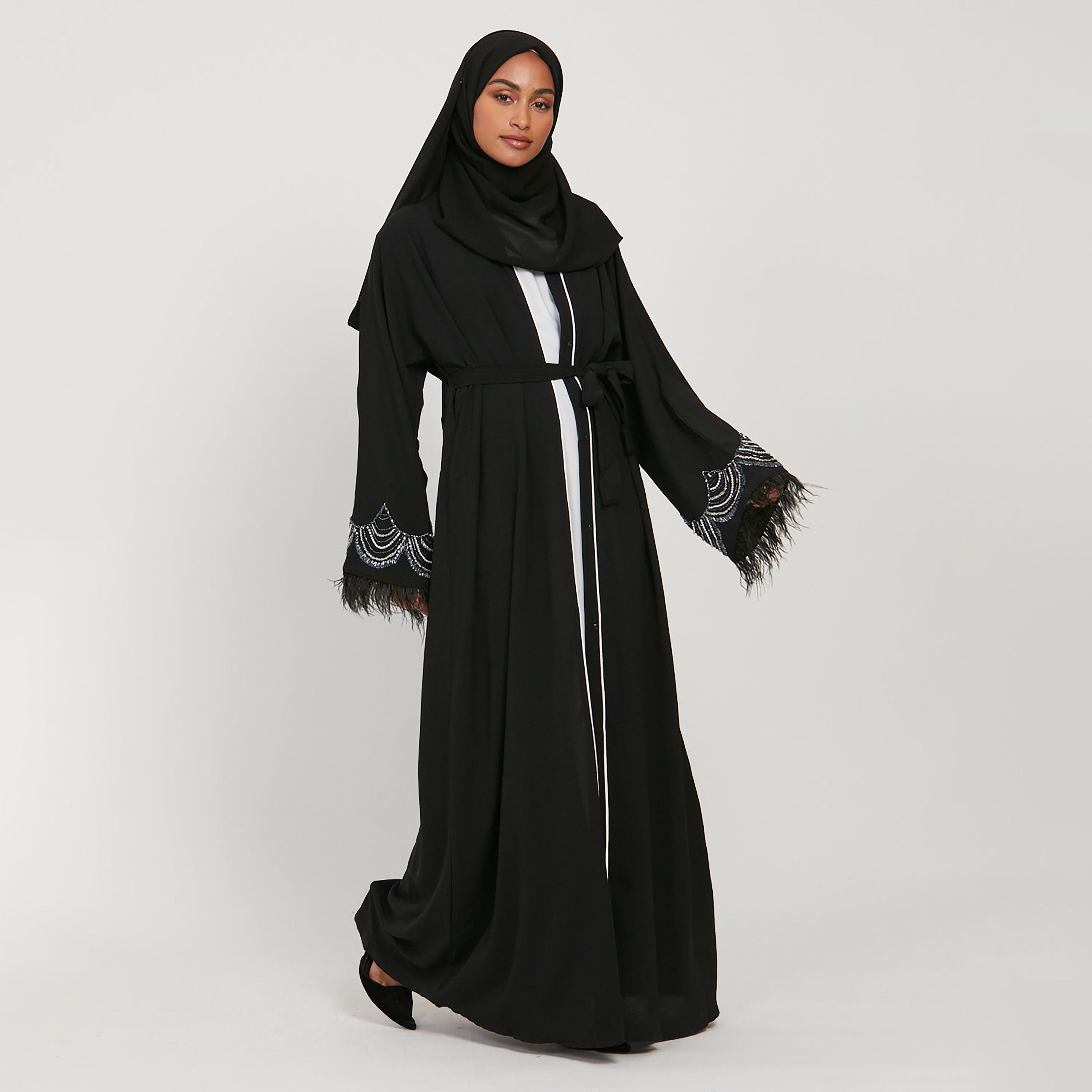 Nukhbaa Black Beaded & Feather Sleeves Women's Abaya with Hijab-women-arabicclothing-abayas-image-1