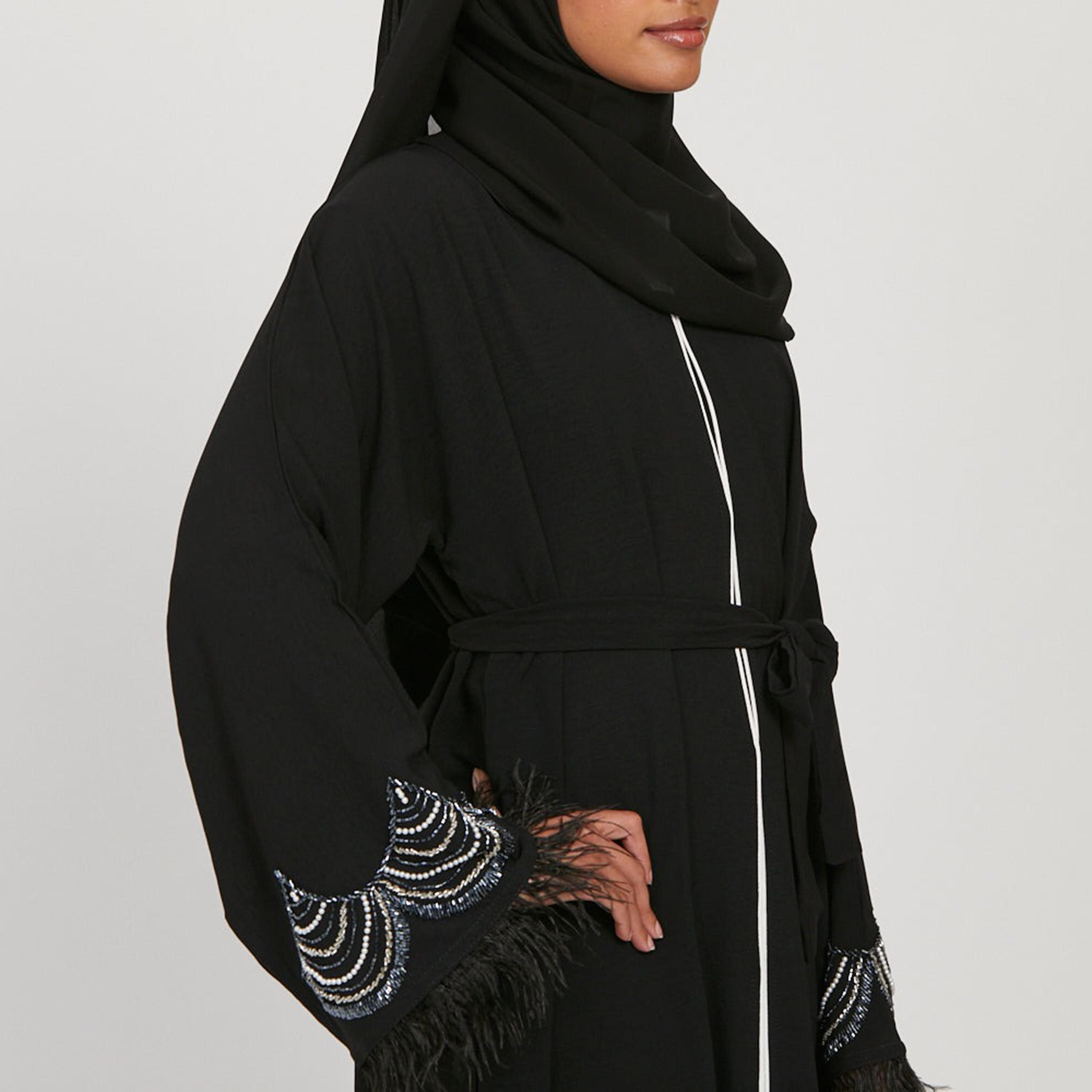 Nukhbaa Black Beaded & Feather Sleeves Women's Abaya with Hijab-women-arabicclothing-abayas-image-2