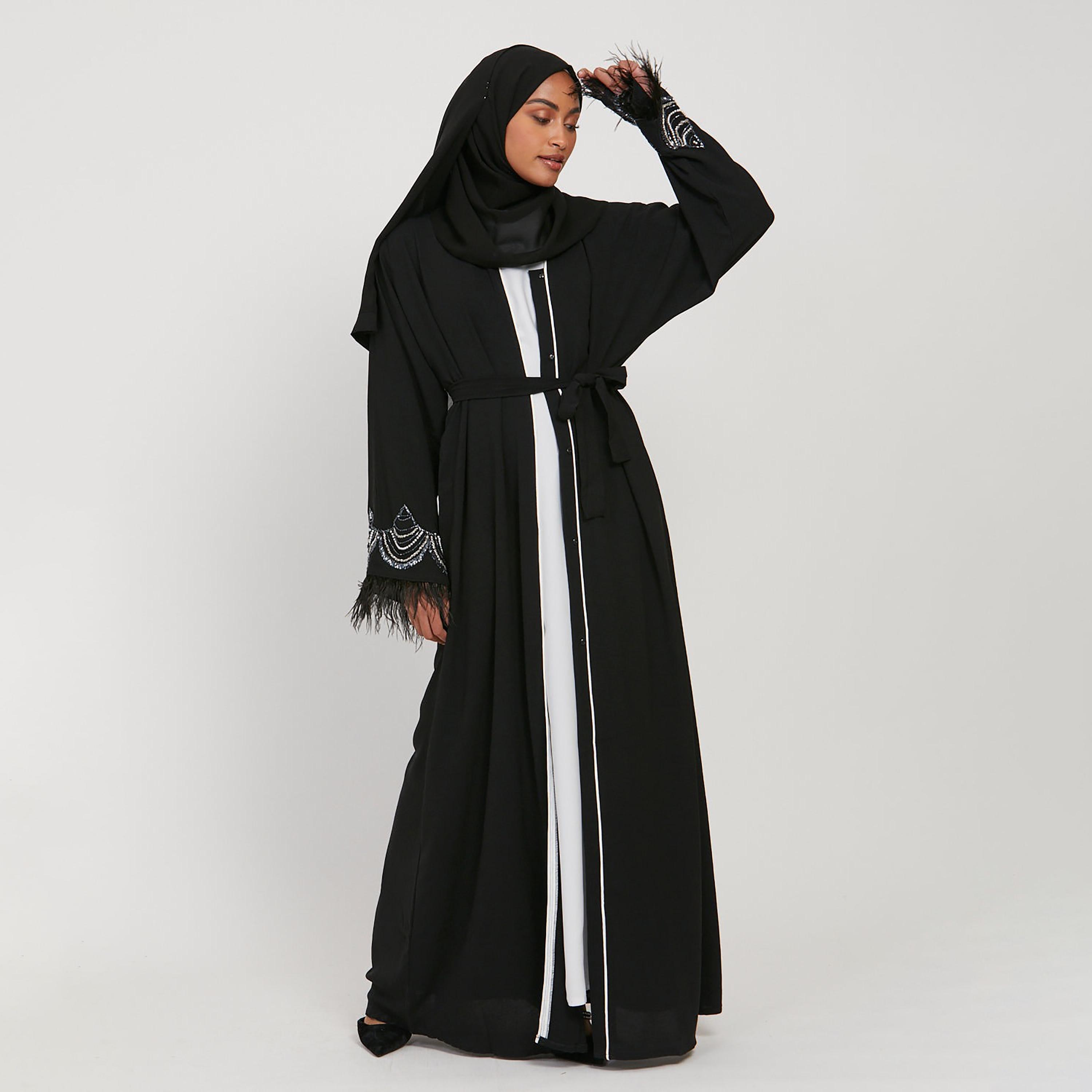 Nukhbaa Black Beaded & Feather Sleeves Women's Abaya with Hijab-women-arabicclothing-abayas-image-3