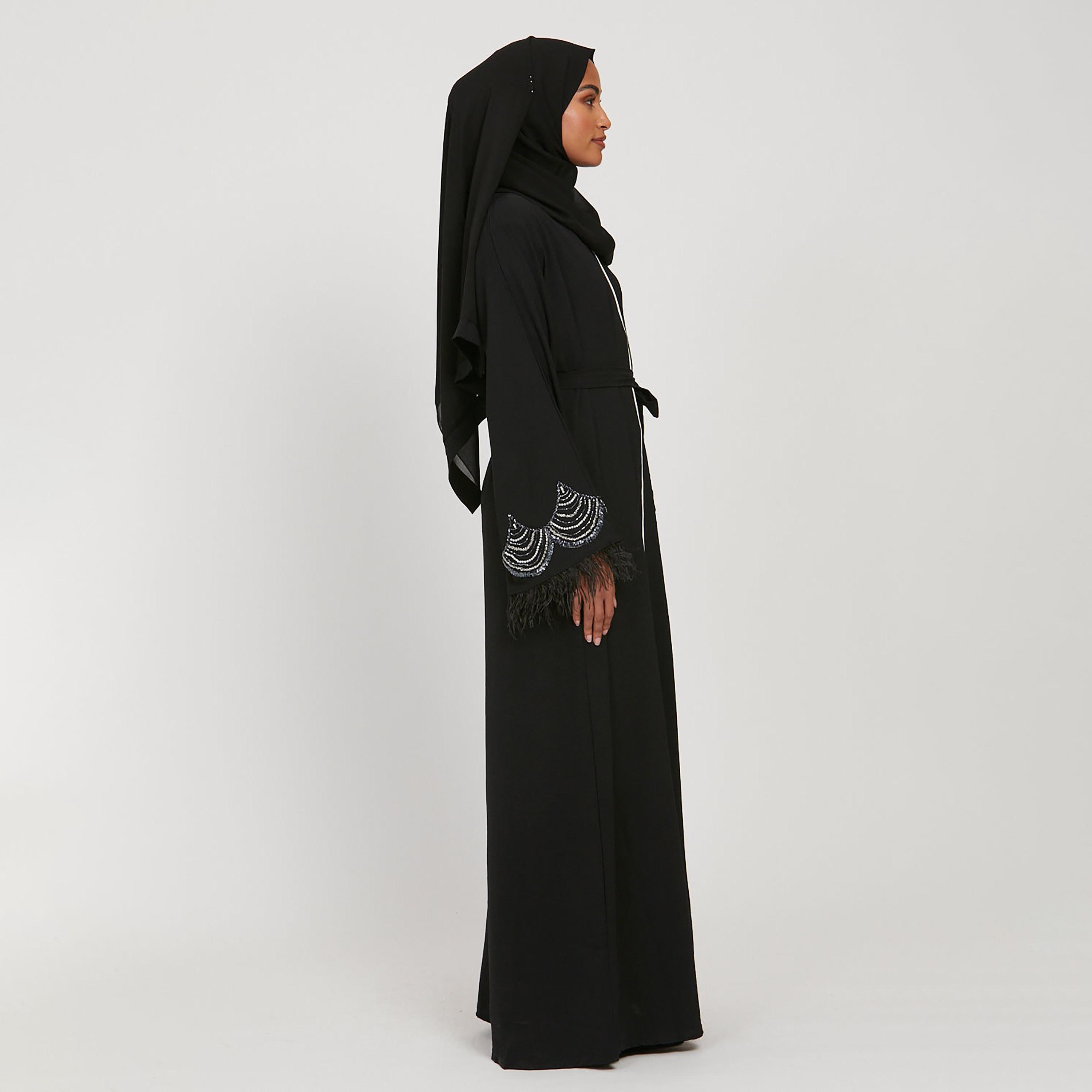Nukhbaa Black Beaded & Feather Sleeves Women's Abaya with Hijab-women-arabicclothing-abayas-image-4