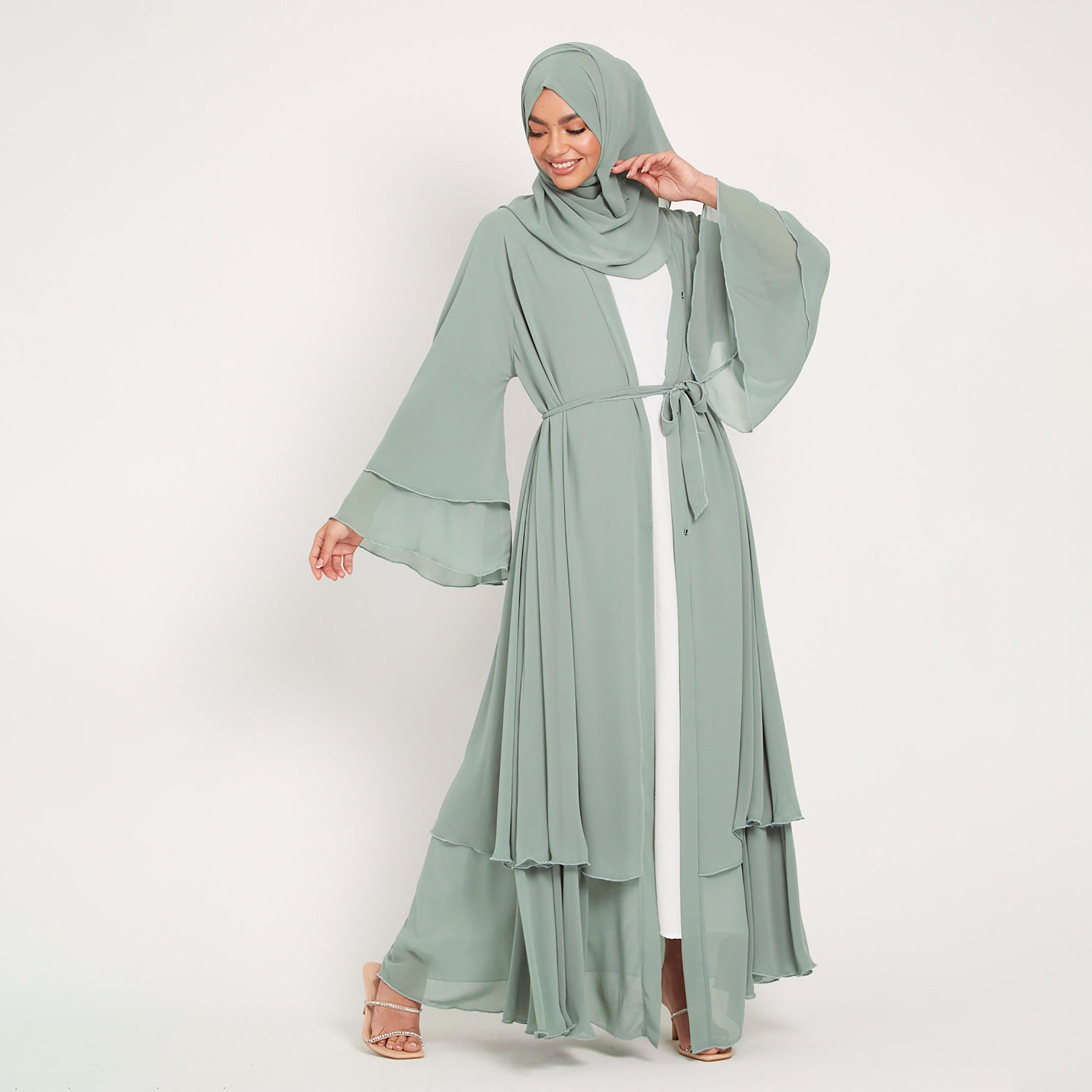 Nukhbaa Green Flare Sleeves Tiered Women's Abaya with Hijab-women-arabicclothing-abayas-image-1