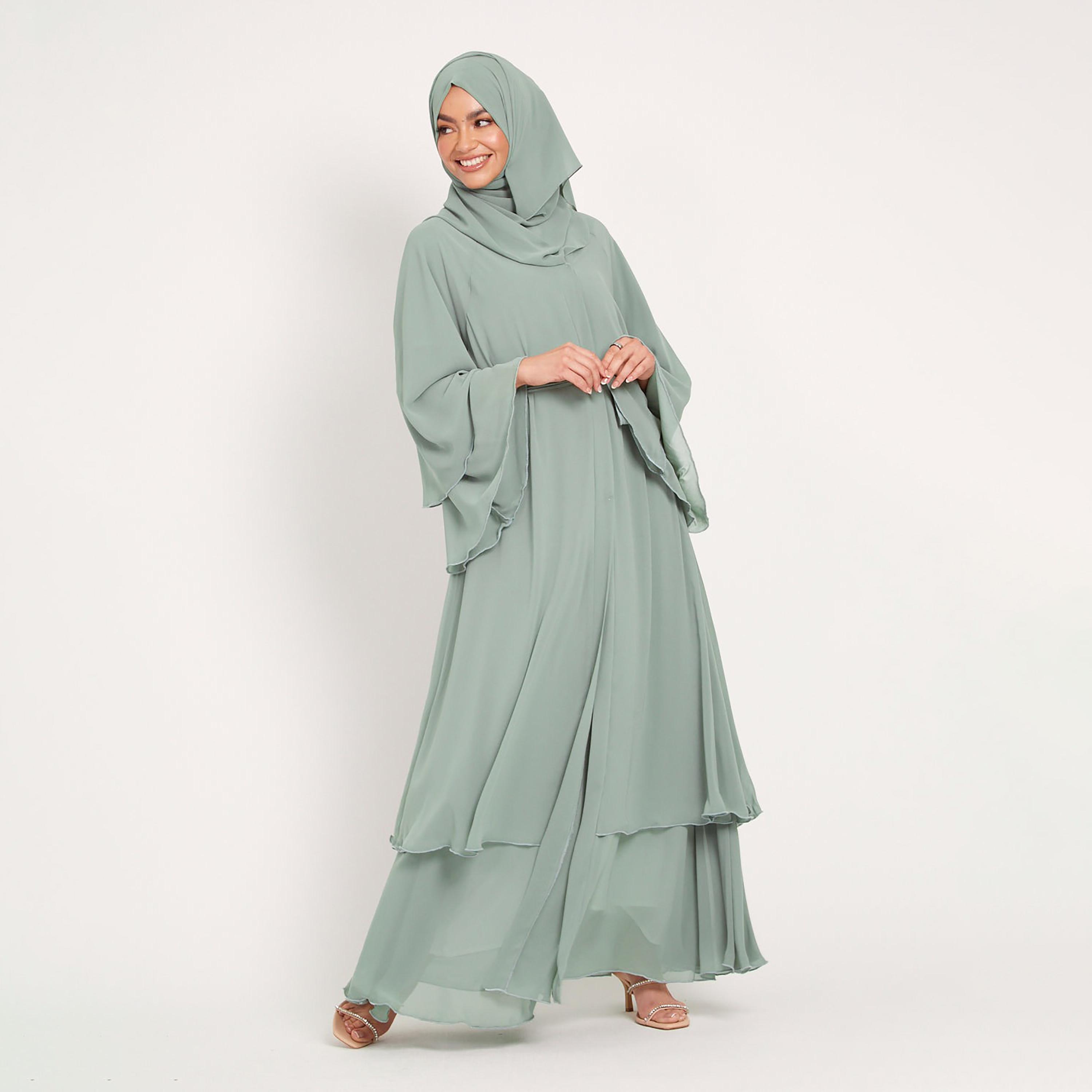 Nukhbaa Green Flare Sleeves Tiered Women's Abaya with Hijab-women-arabicclothing-abayas-image-2