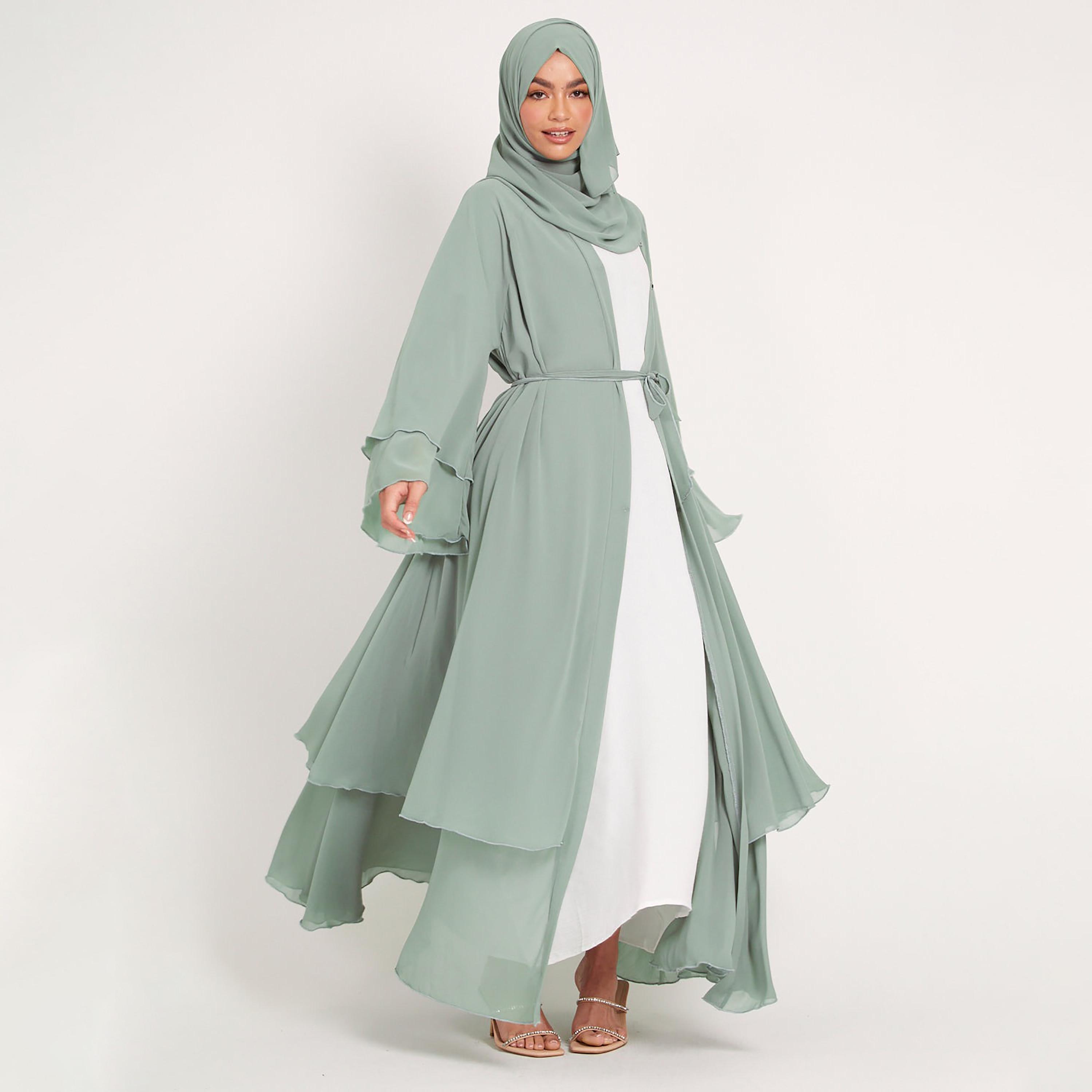 Nukhbaa Green Flare Sleeves Tiered Women's Abaya with Hijab-women-arabicclothing-abayas-image-3