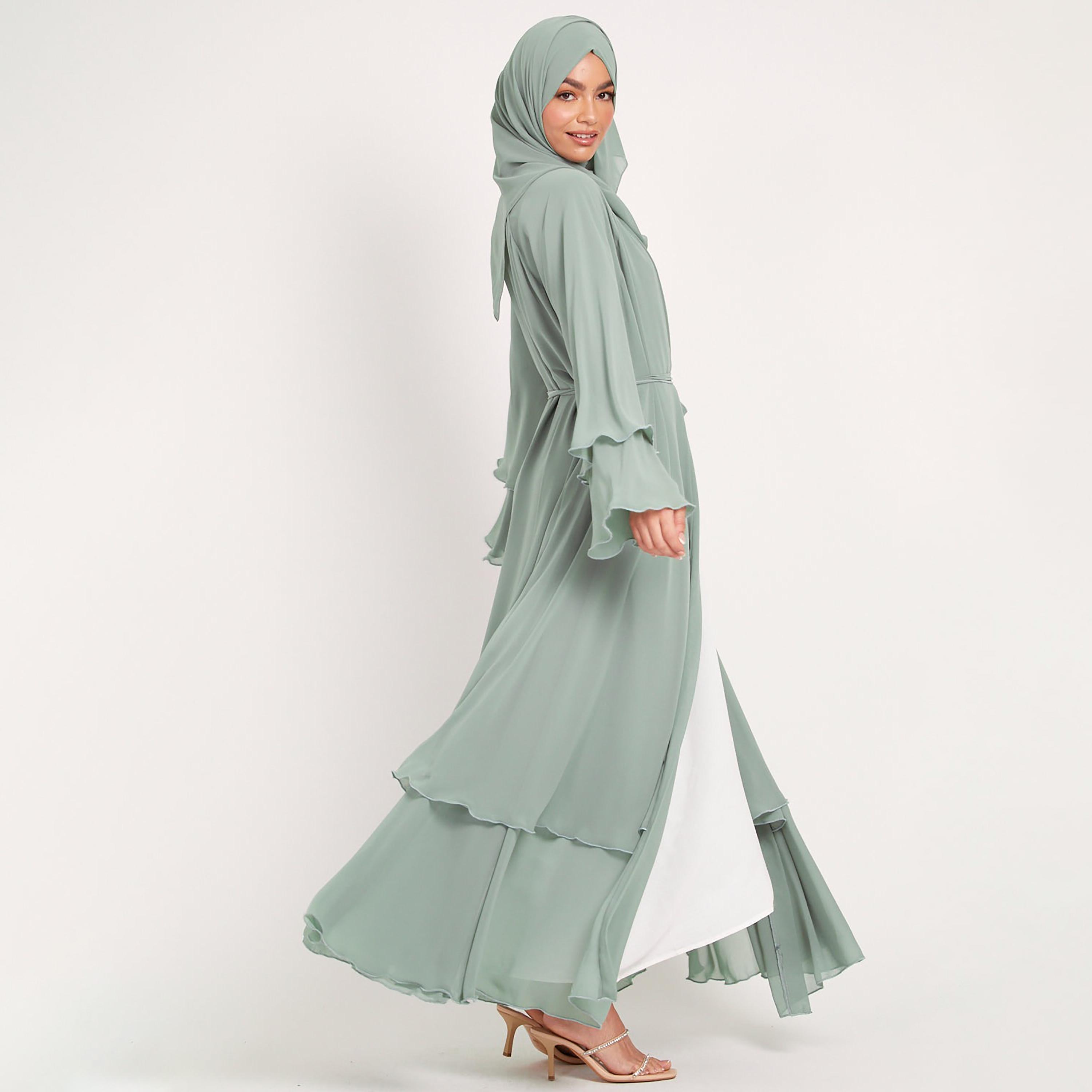 Nukhbaa Green Flare Sleeves Tiered Women's Abaya with Hijab-women-arabicclothing-abayas-image-4