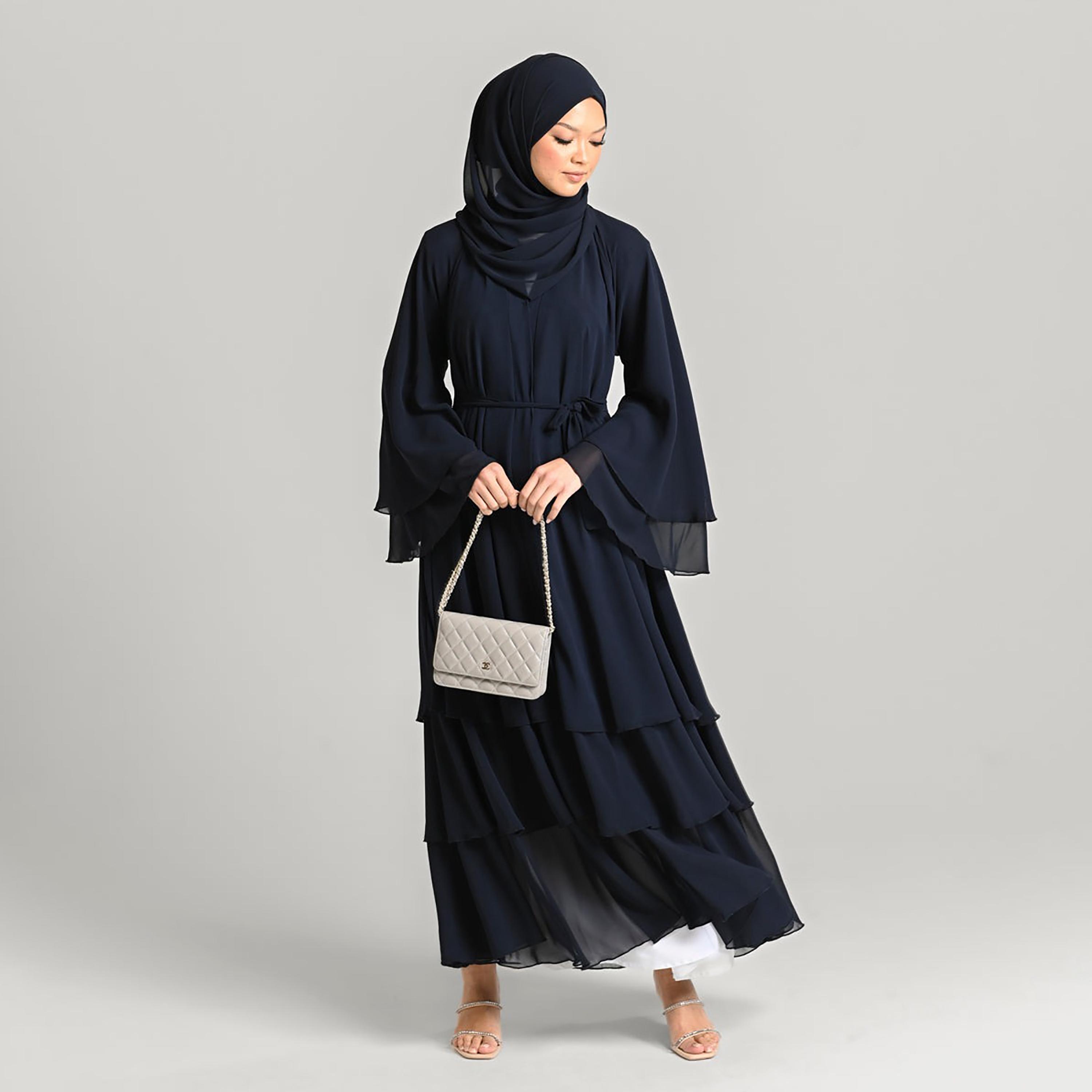 Nukhbaa Black Flare Sleeves Tiered Women's Abaya with Hijab-women-arabicclothing-abayas-image-1