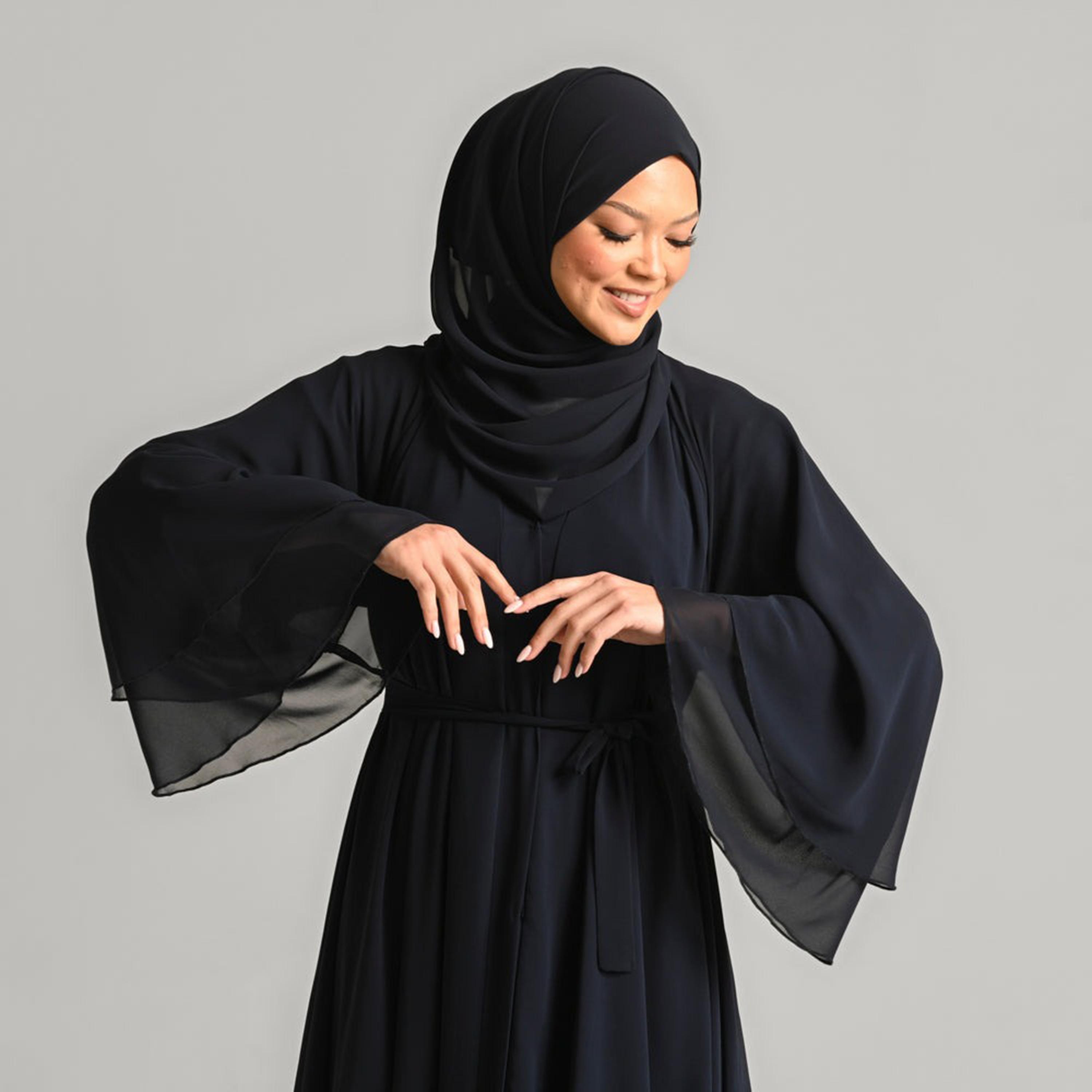 Nukhbaa Black Flare Sleeves Tiered Women's Abaya with Hijab-women-arabicclothing-abayas-image-2