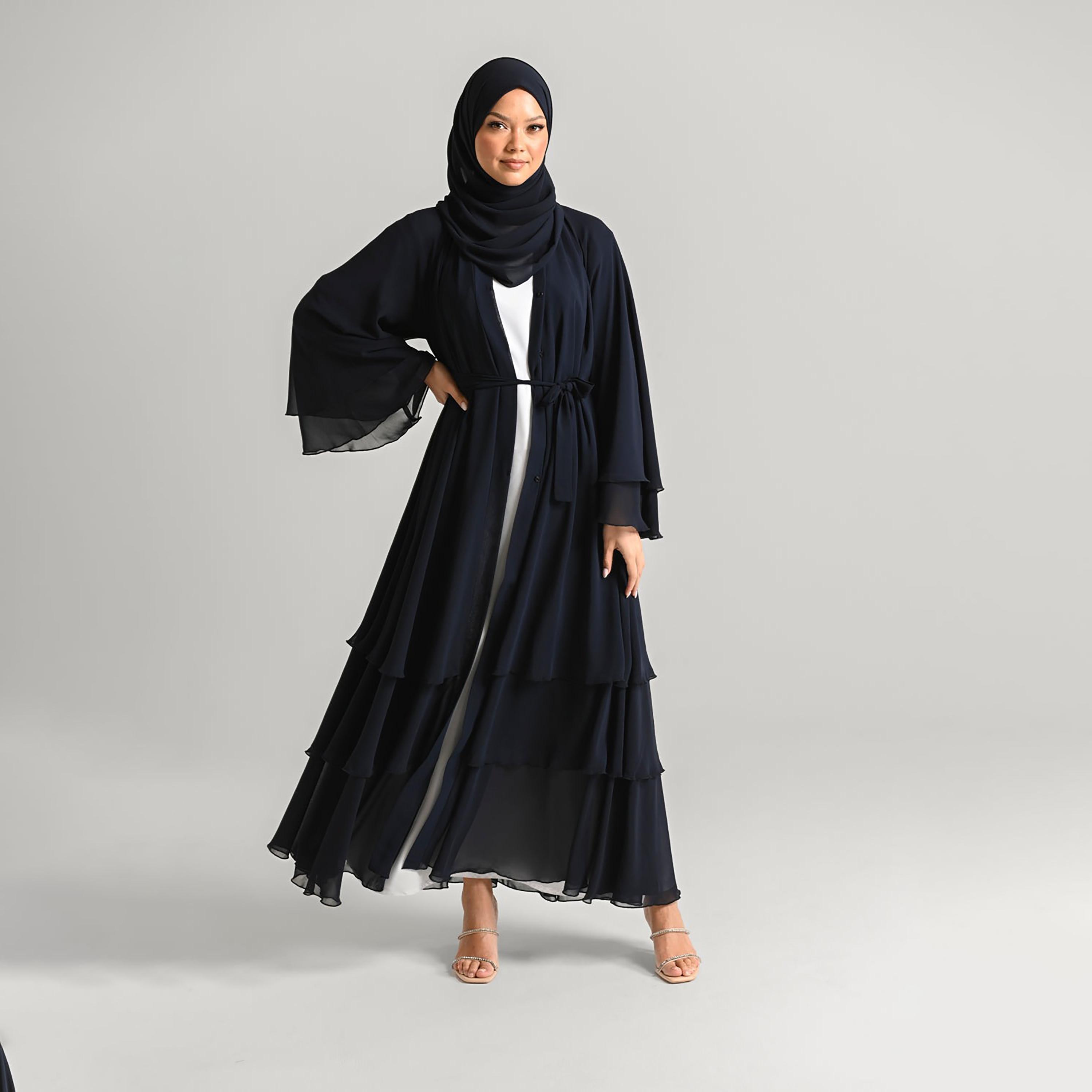 Nukhbaa Black Flare Sleeves Tiered Women's Abaya with Hijab-women-arabicclothing-abayas-image-3