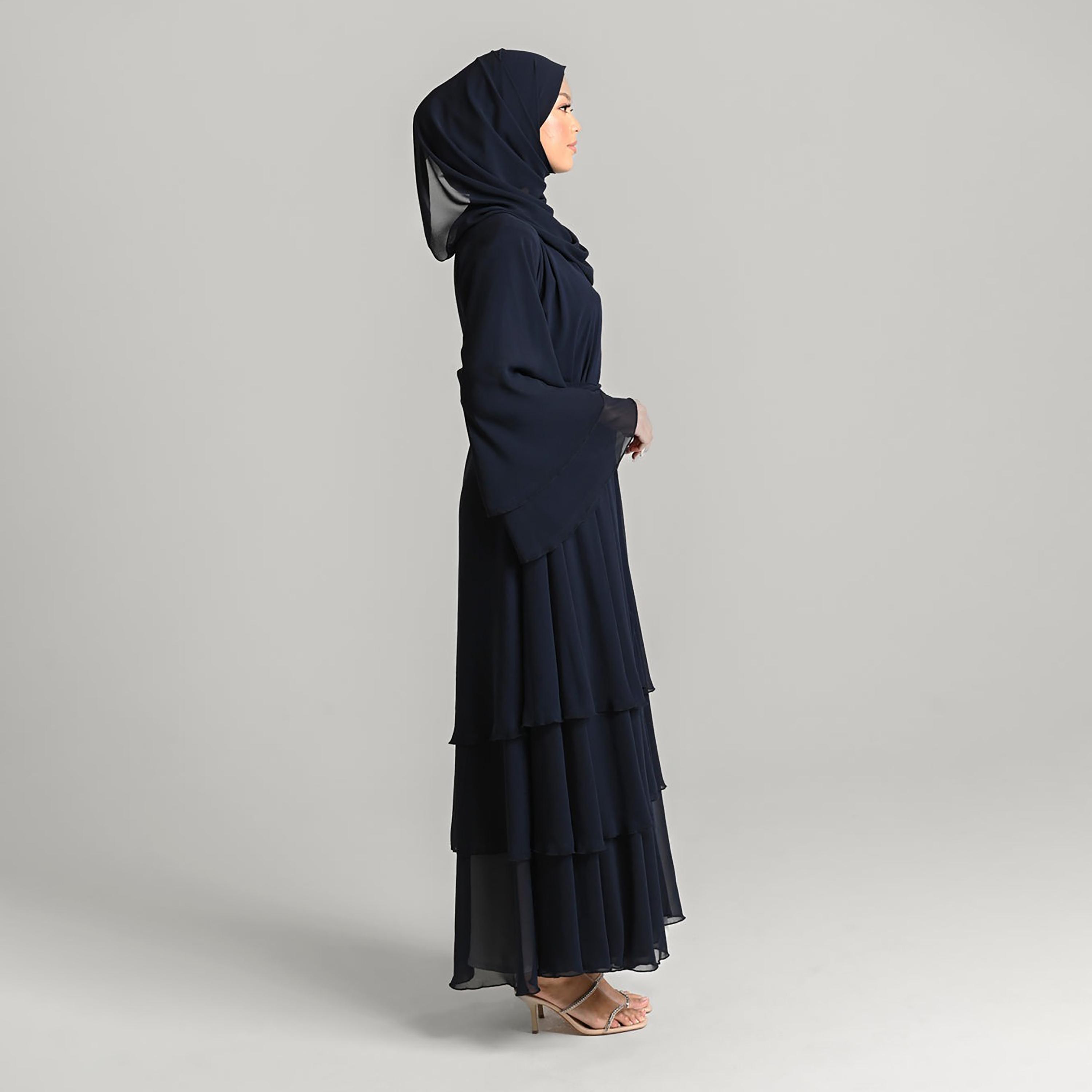 Nukhbaa Black Flare Sleeves Tiered Women's Abaya with Hijab-women-arabicclothing-abayas-image-4