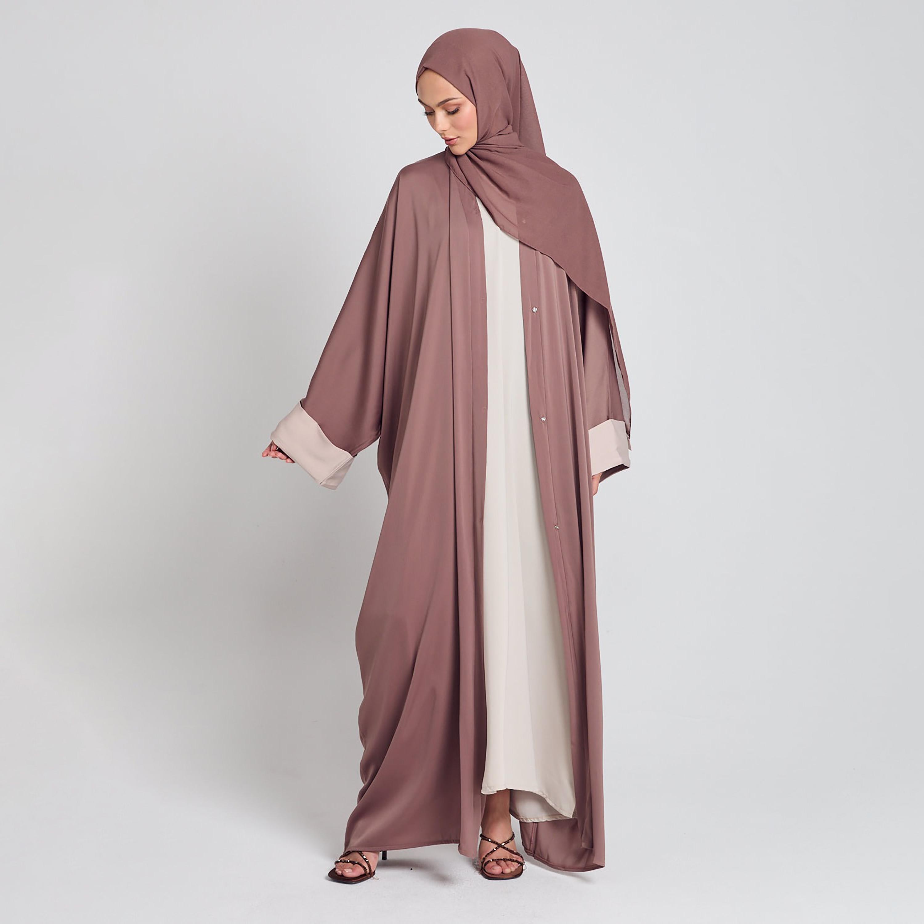 Nukhbaa Purple Cuff Flared Sleeves Two Toned Women's Abaya with Hijab-women-arabicclothing-abayas-image-2