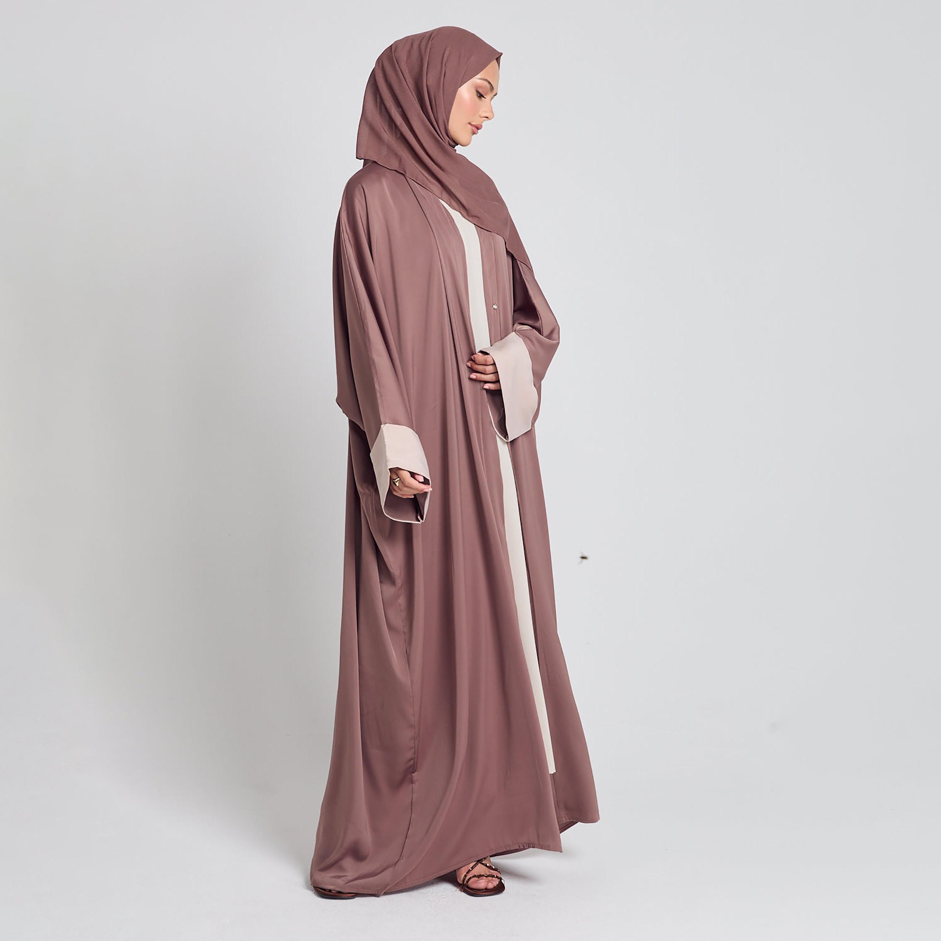 Nukhbaa Purple Cuff Flared Sleeves Two Toned Women's Abaya with Hijab-women-arabicclothing-abayas-image-3