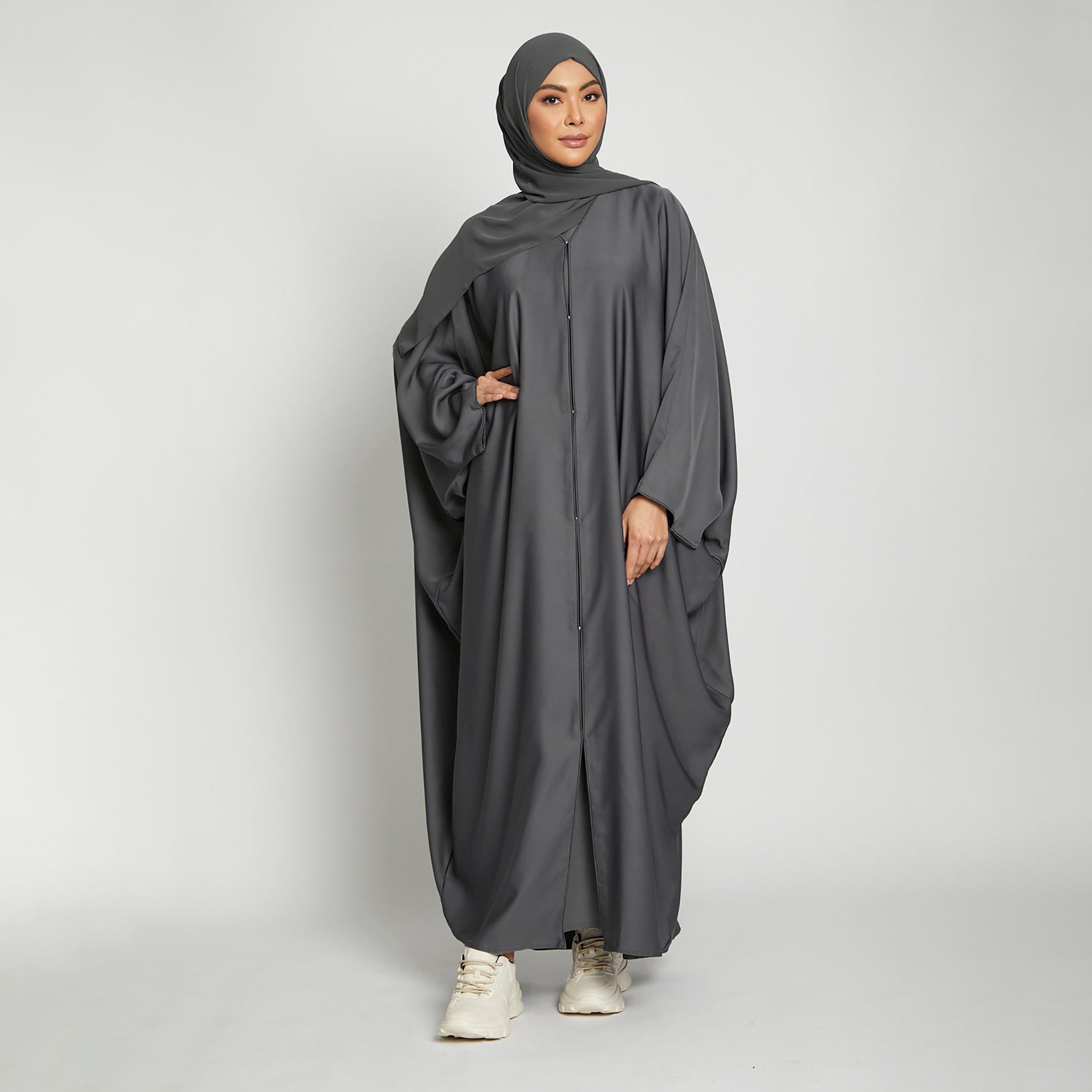 Nukhbaa Grey Batwing Sleeves Satin Women's Abaya with Hijab-women-arabicclothing-prayerclothing-image-1