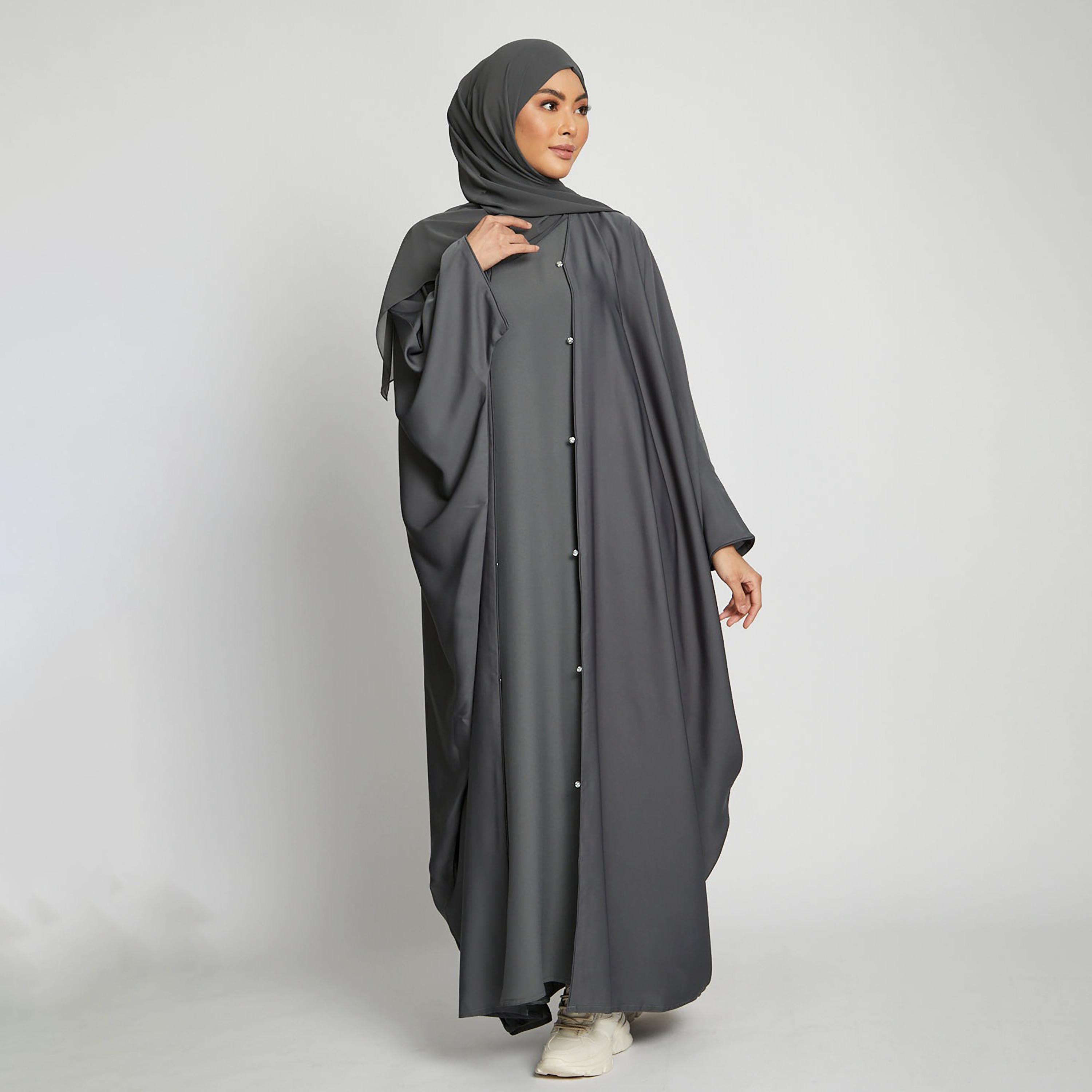 Nukhbaa Grey Batwing Sleeves Satin Women's Abaya with Hijab-women-arabicclothing-prayerclothing-image-2