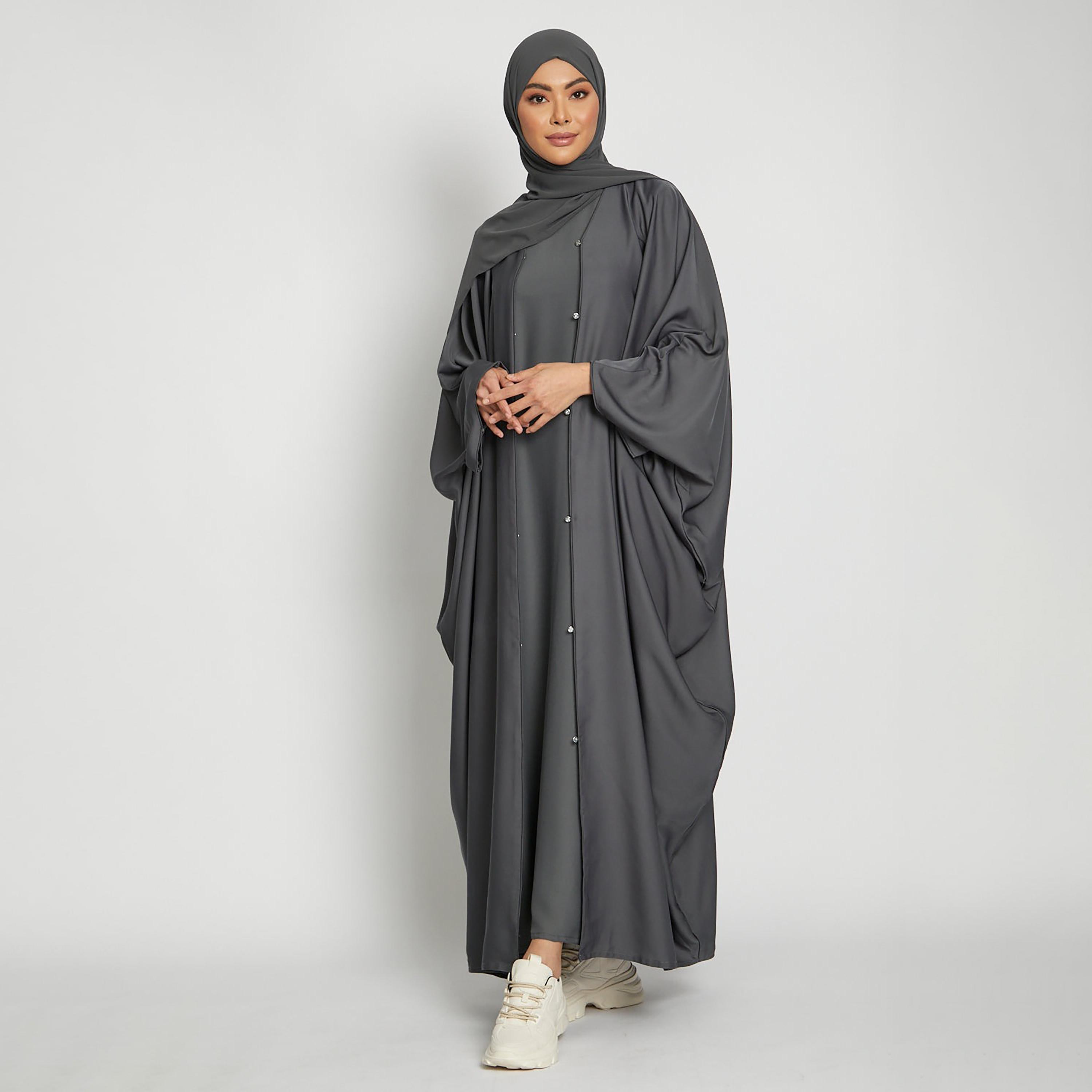 Nukhbaa Grey Batwing Sleeves Satin Women's Abaya with Hijab-women-arabicclothing-prayerclothing-image-3