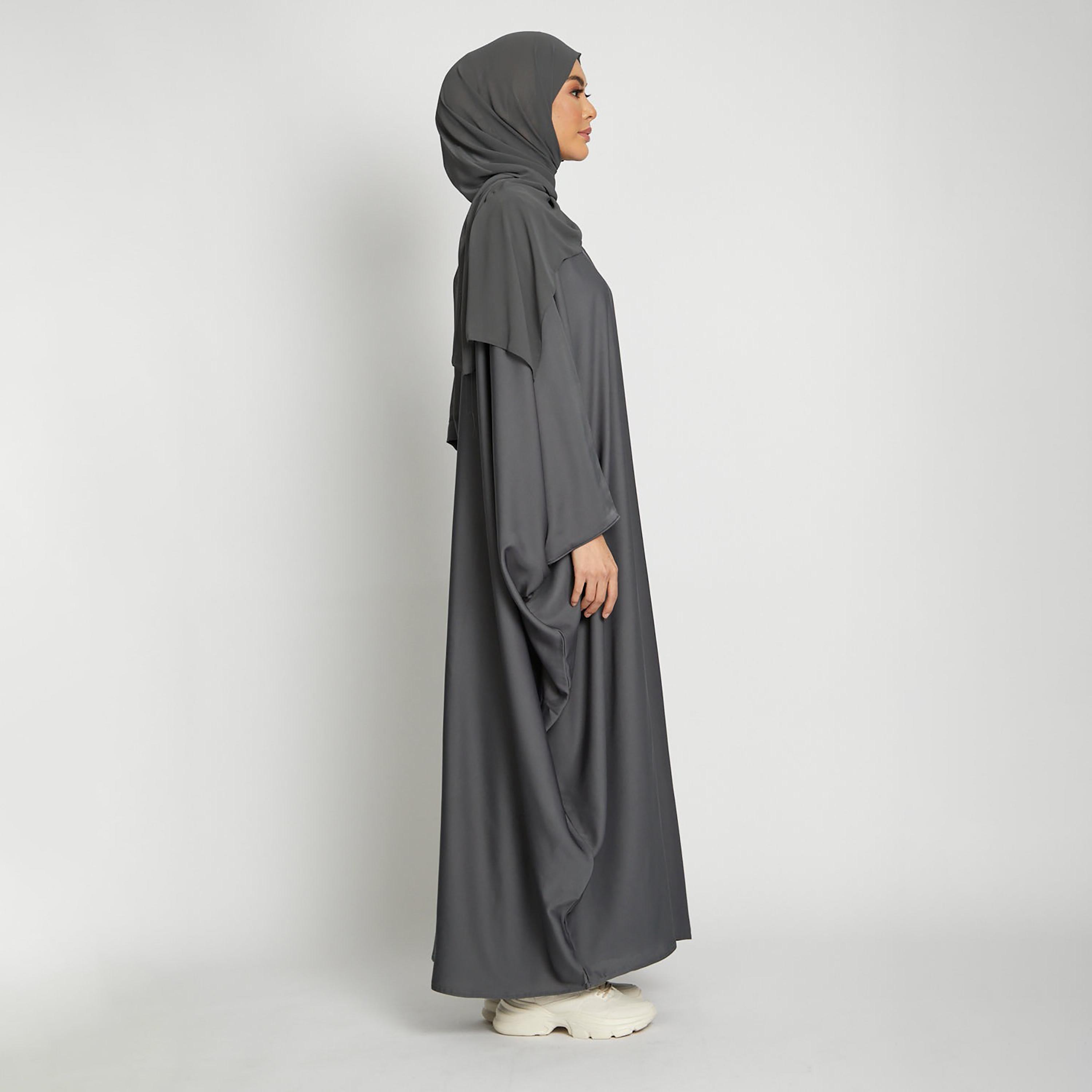 Nukhbaa Grey Batwing Sleeves Satin Women's Abaya with Hijab-women-arabicclothing-prayerclothing-image-4