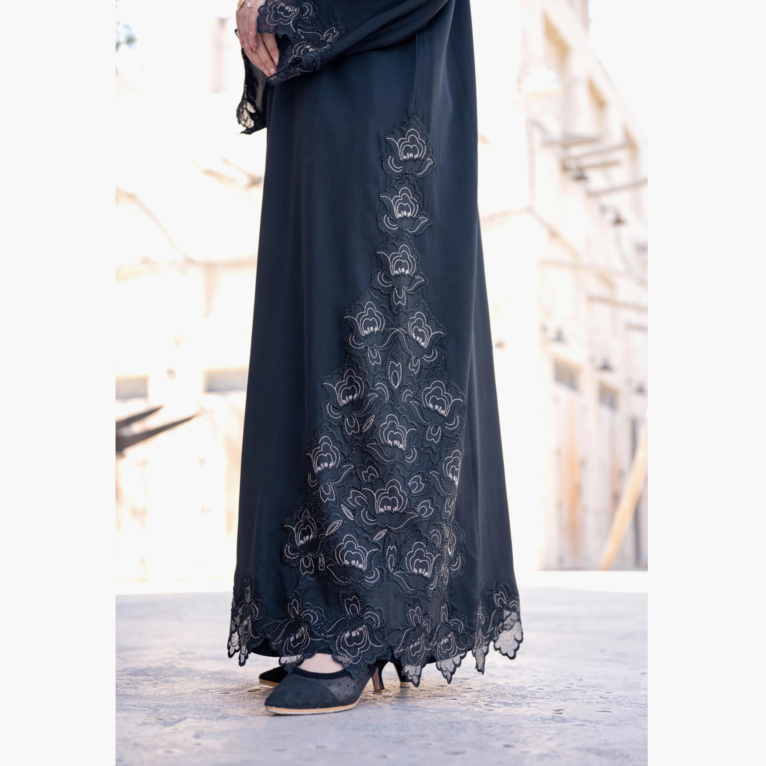 Nukhbaa Embroidered & Beaded Detailed Abaya with Hijab-women-arabicclothing-abayas-image-2