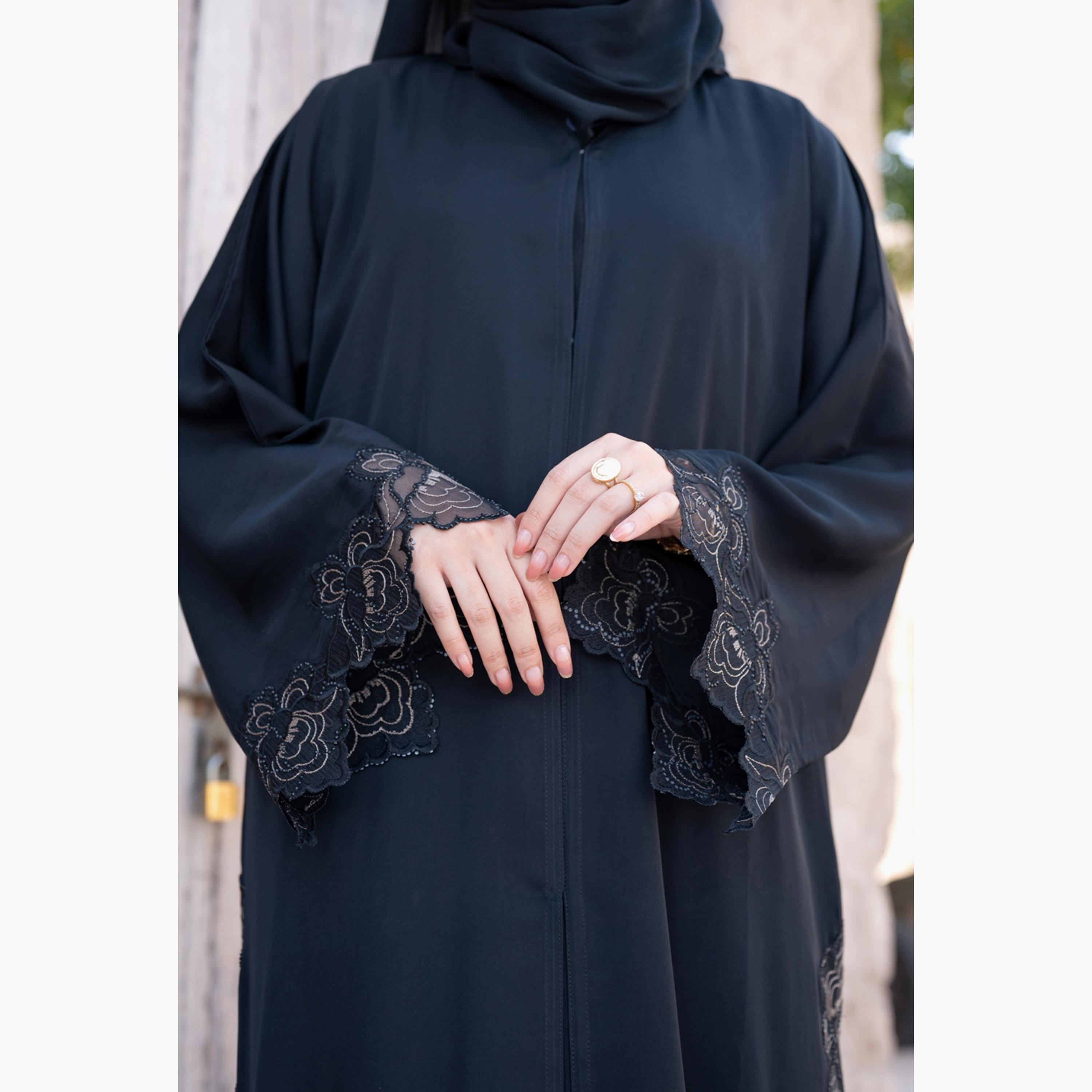 Nukhbaa Embroidered & Beaded Detailed Abaya with Hijab-women-arabicclothing-abayas-image-3