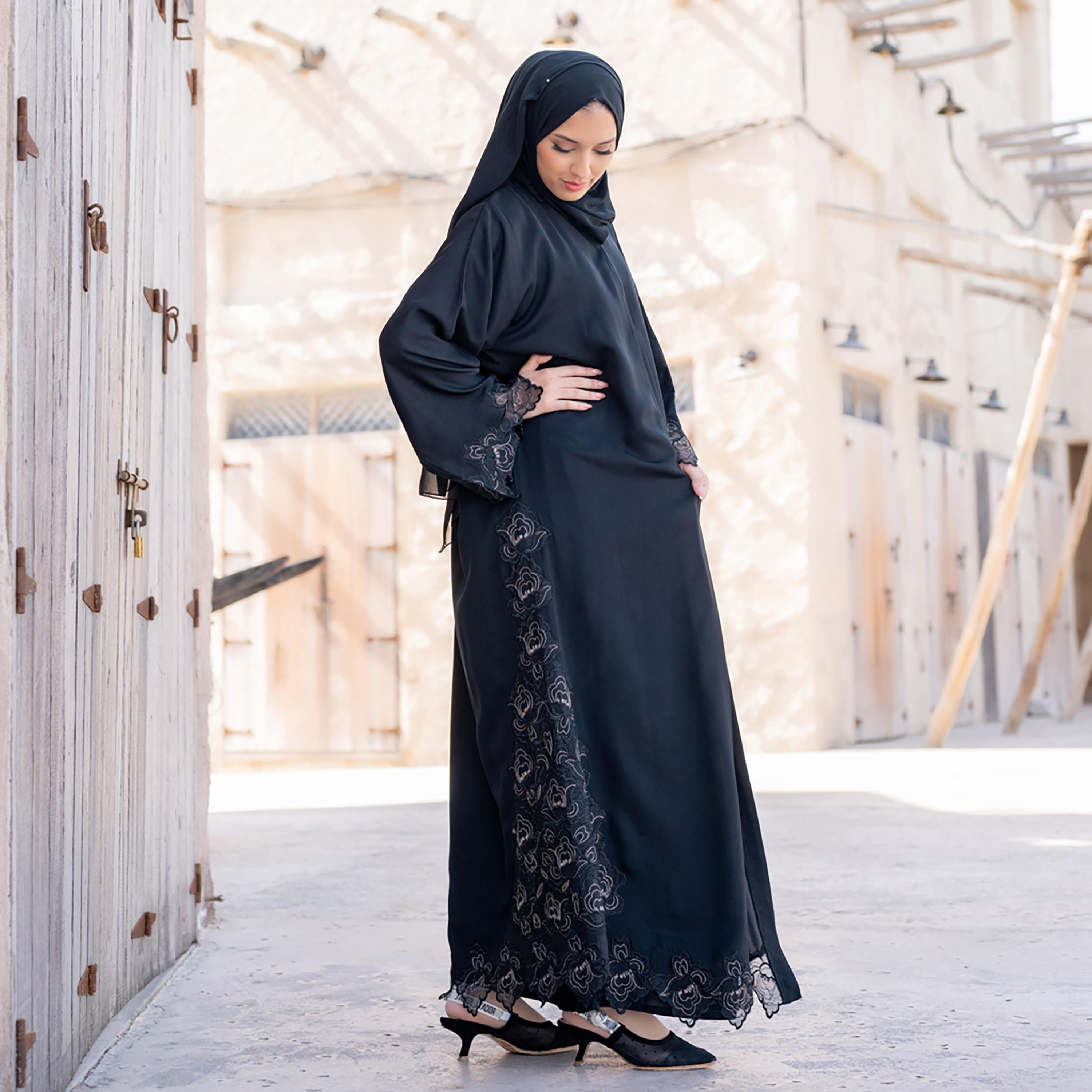 Nukhbaa Embroidered & Beaded Detailed Abaya with Hijab-women-arabicclothing-abayas-image-4