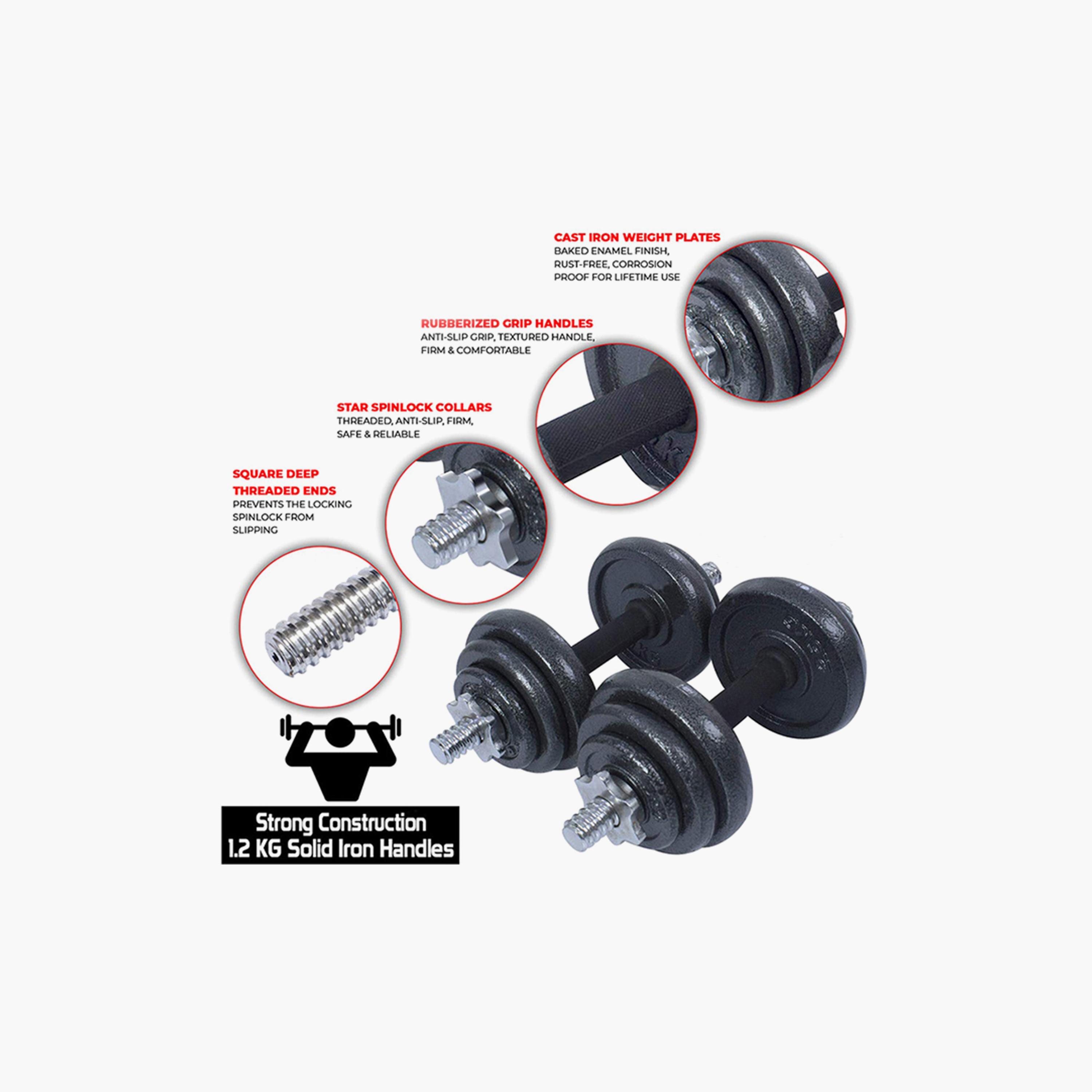 Cast Iron Dumbbell Set, 20 Kg, 18-Piece - Black and Silver-sports-gear-gym-image-3