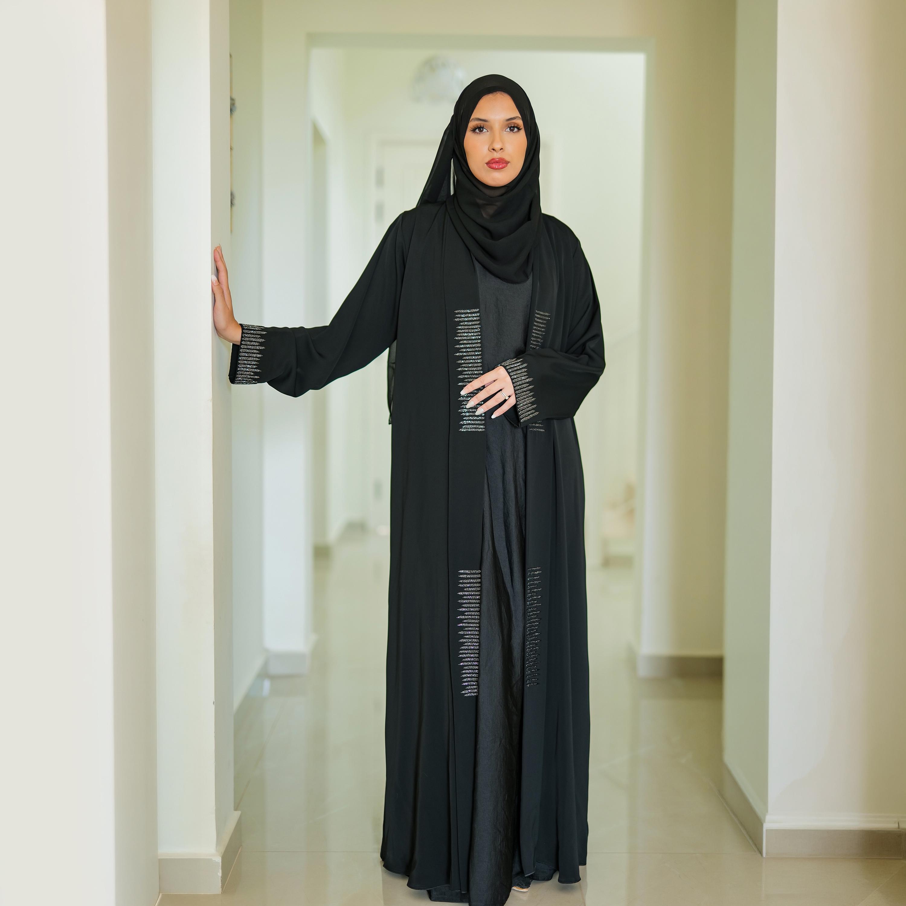 Nukhbaa Beaded Detailed Abaya with Hijab-women-arabicclothing-abayas-image-1