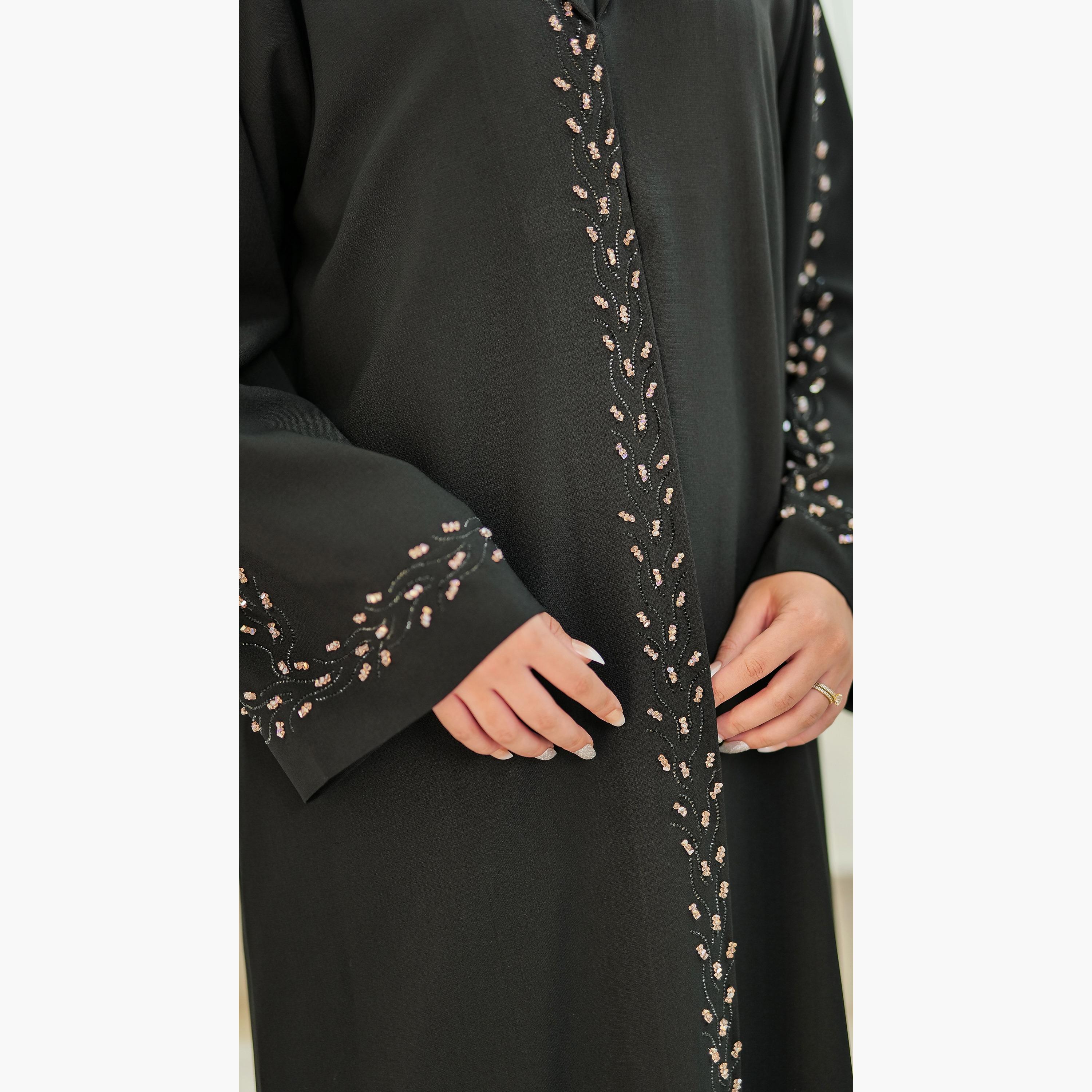 Nukhbaa Beaded & Crystal Detailed Abaya with Hijab-women-arabicclothing-abayas-image-2