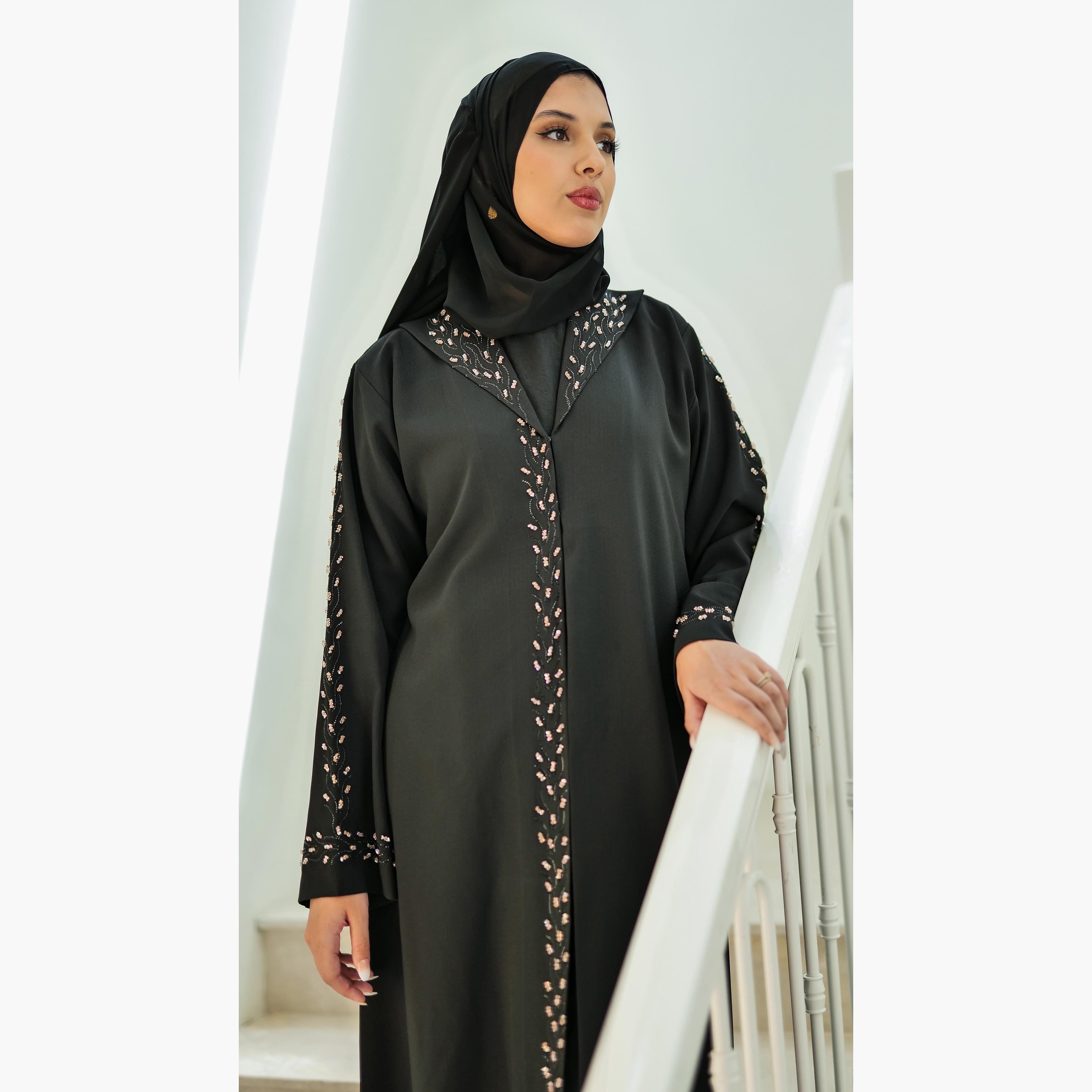Nukhbaa Beaded & Crystal Detailed Abaya with Hijab-women-arabicclothing-abayas-image-4
