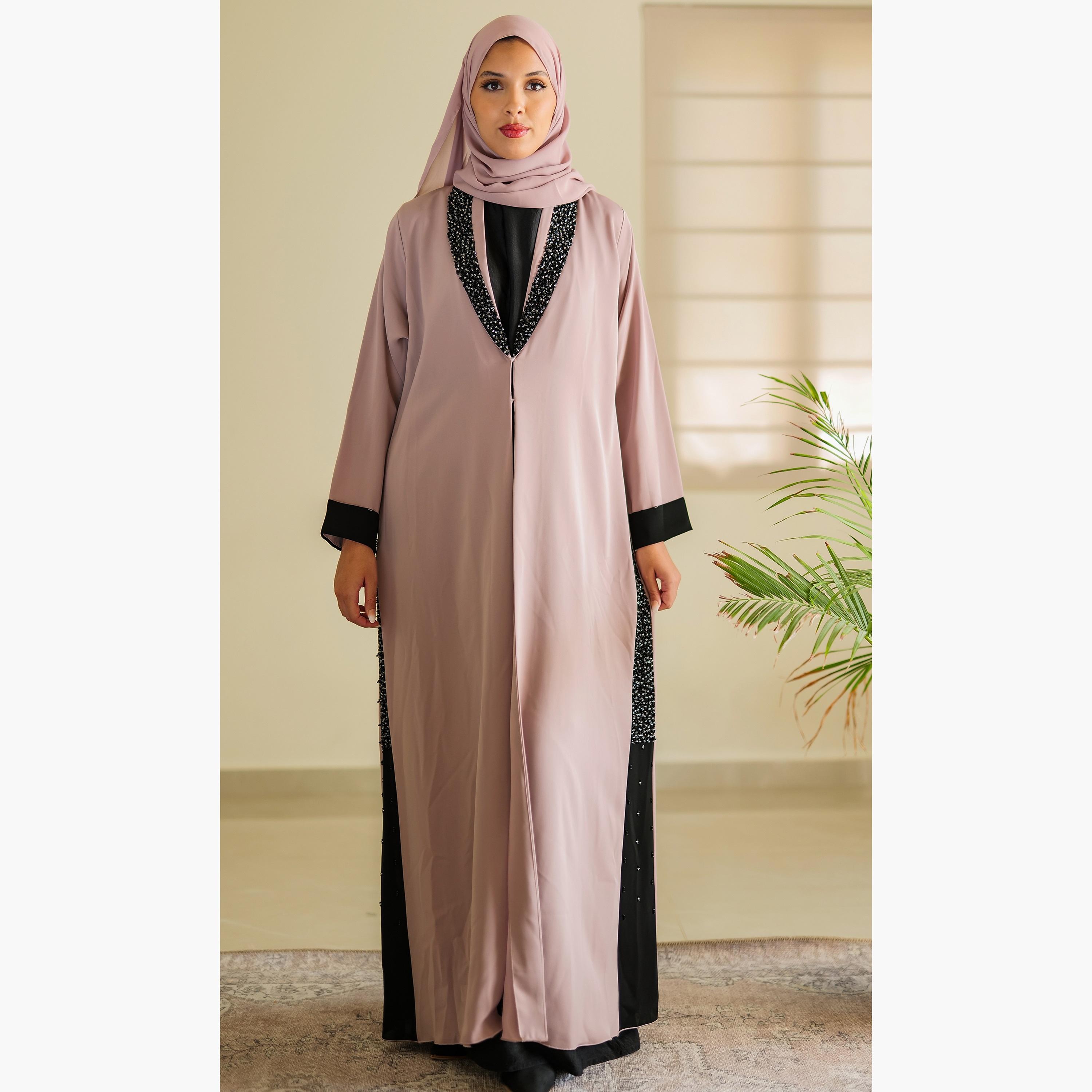 Nukhbaa Crystal Detailed Coat Style Abaya with Hijab-women-arabicclothing-abayas-image-1