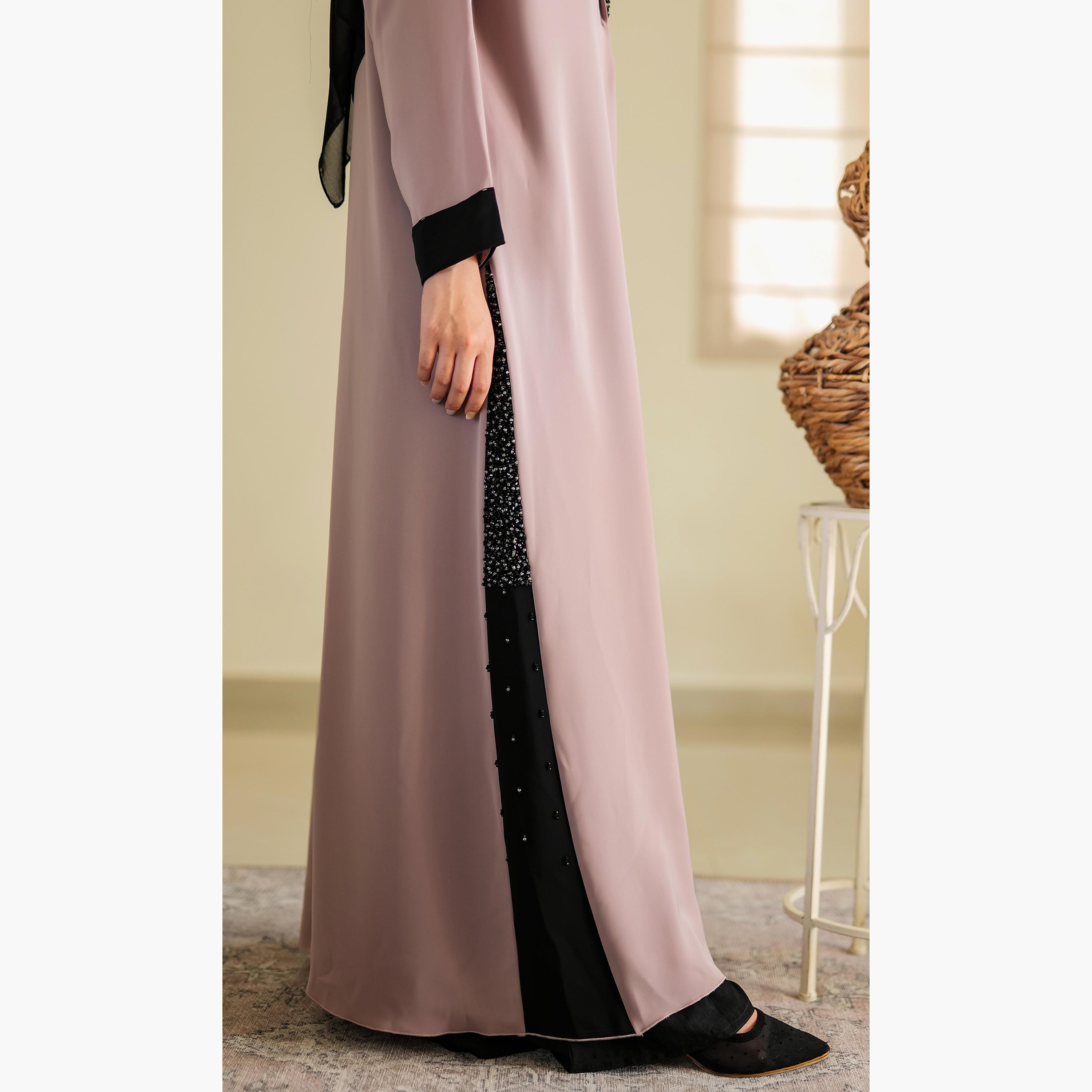Nukhbaa Crystal Detailed Coat Style Abaya with Hijab-women-arabicclothing-abayas-image-3
