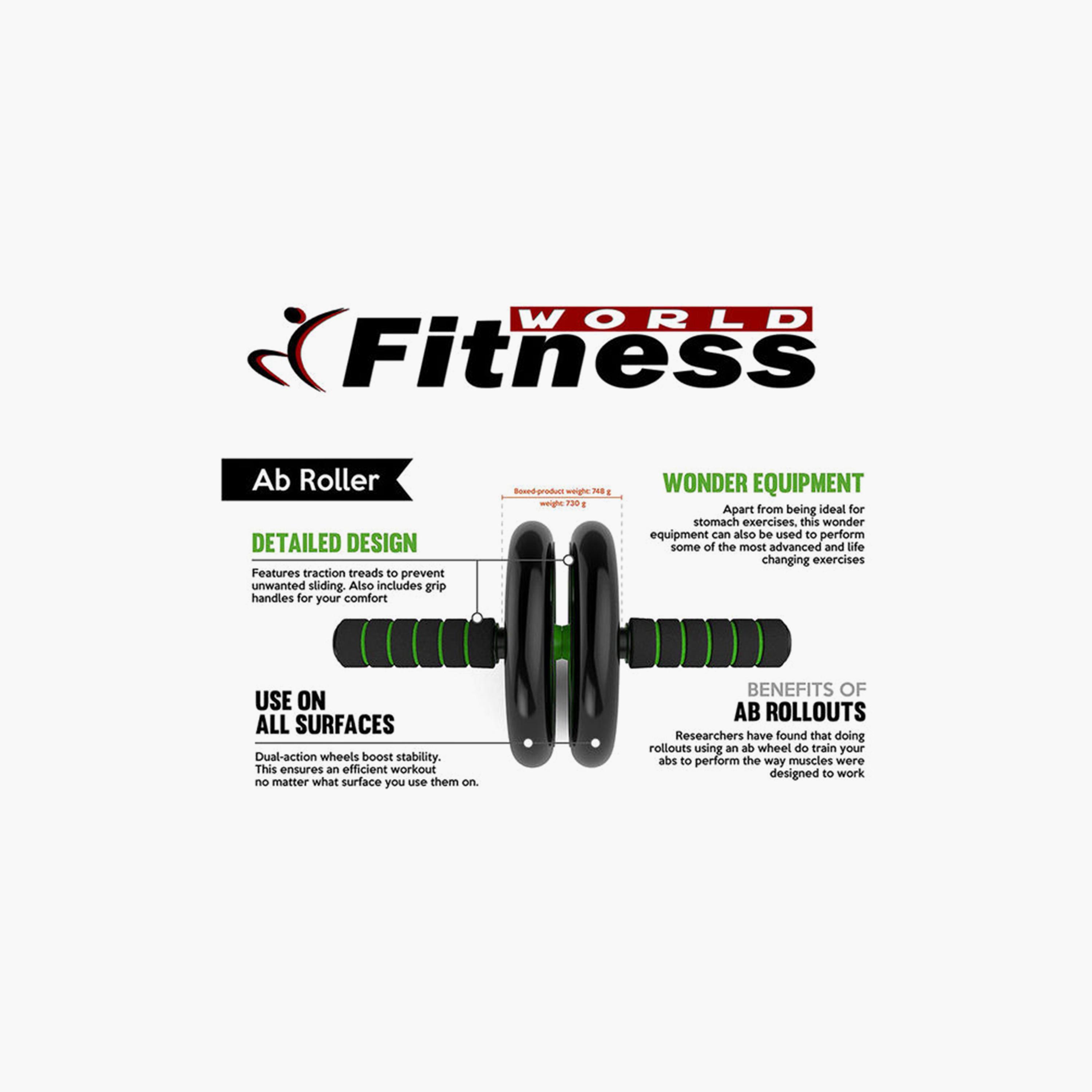 Ab-Roller Wheel, 12.6 x 3.94 x 9.45 cm - Green and Black-sports-gear-gym-image-4