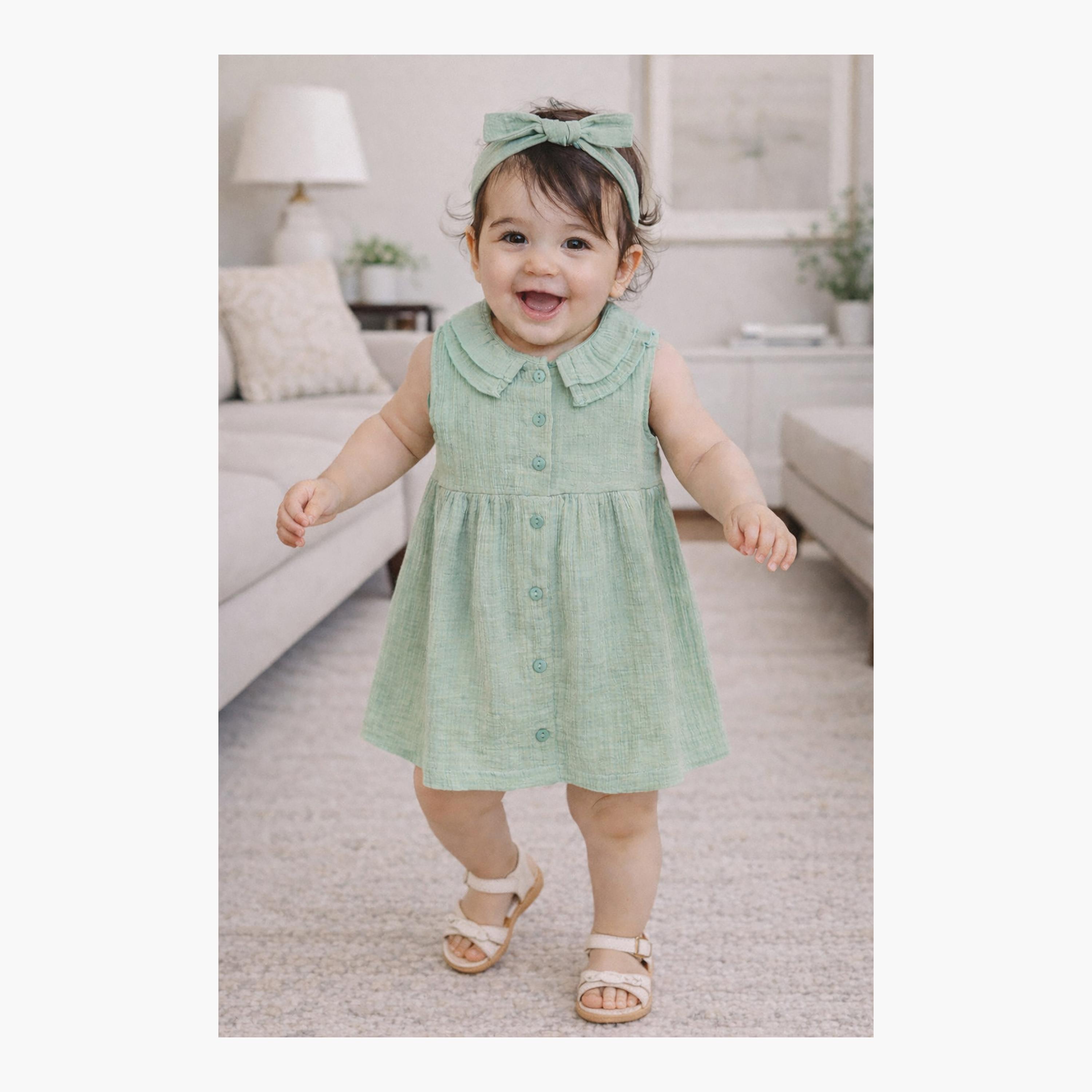 Dirkje Mint Muslin Frill-Collar Dress & matching Headband Set-girls-clothing-dressesandjumpsuits-image-4