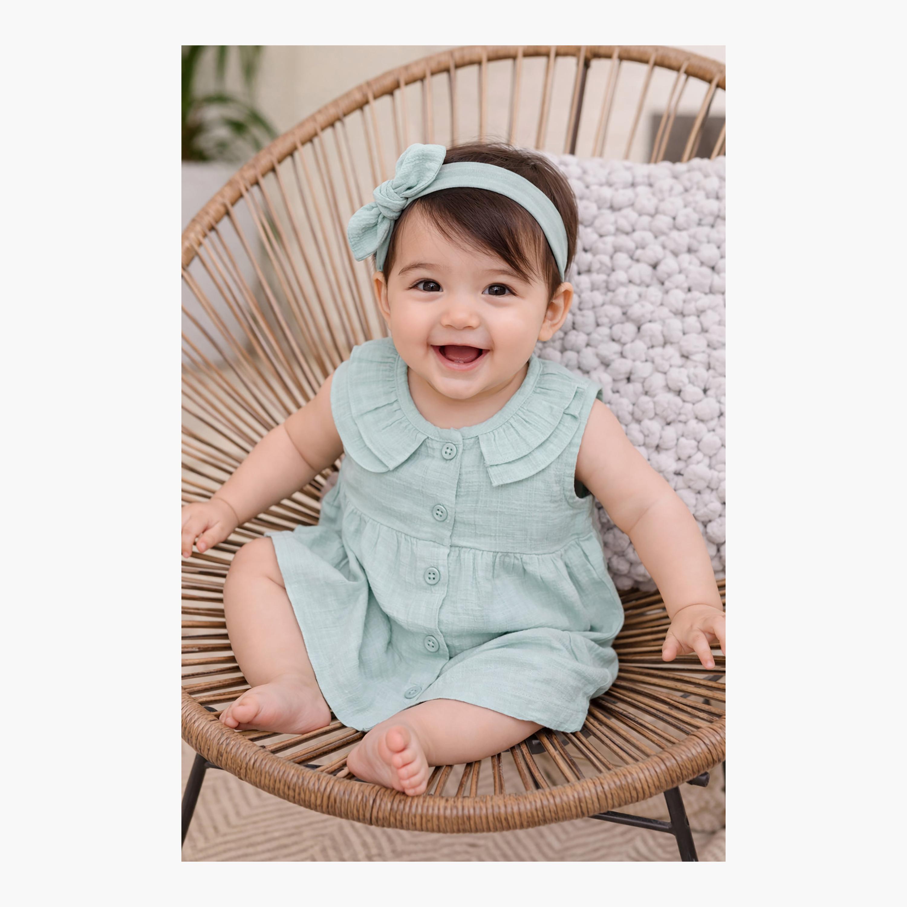 Dirkje Mint Muslin Frill-Collar Dress & matching Headband Set-girls-clothing-dressesandjumpsuits-image-5