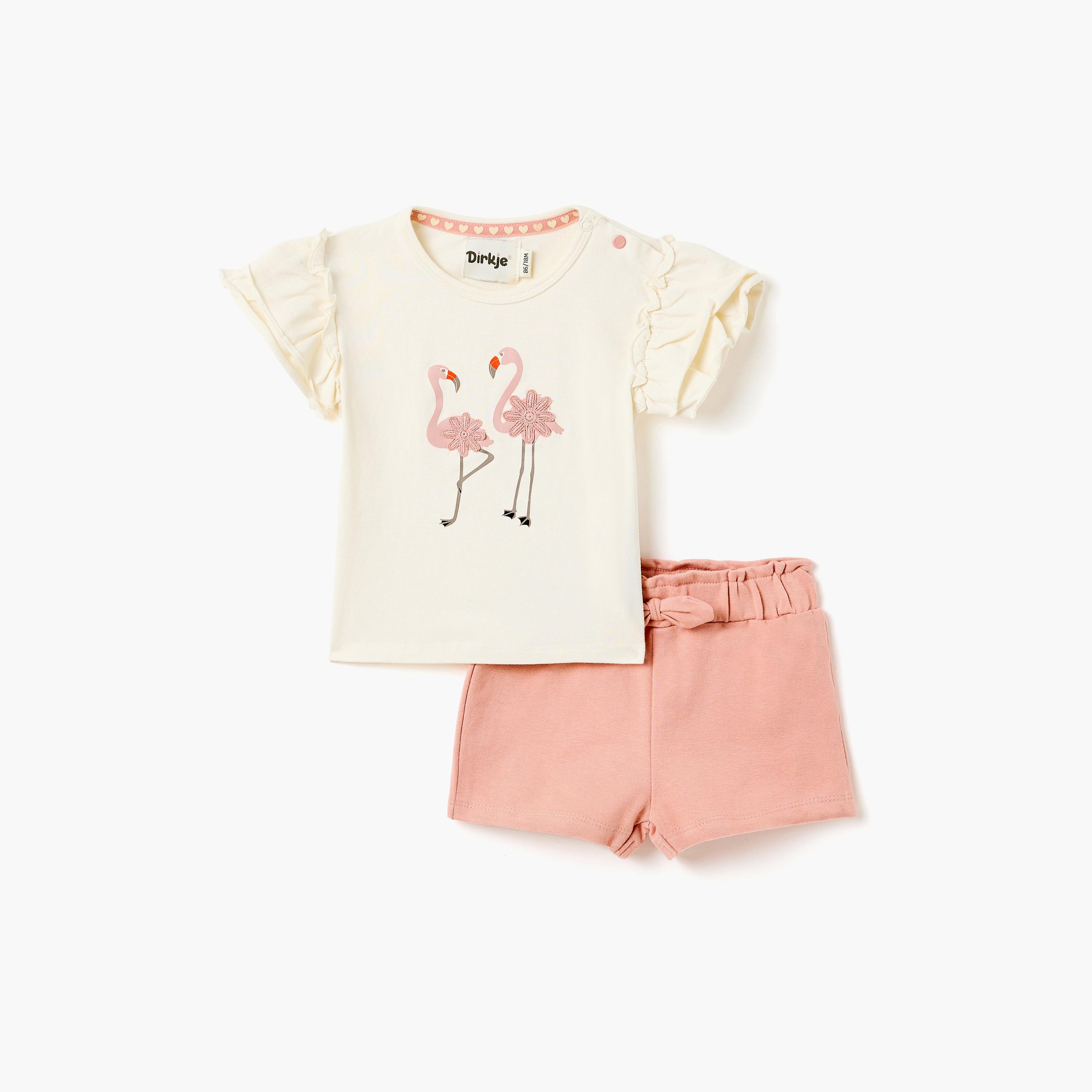 Dirkje Flamingo Ruffle-Sleeve Tee & Bow-Trim Shorts Set-girls-clothing-setsandcoords-image-1