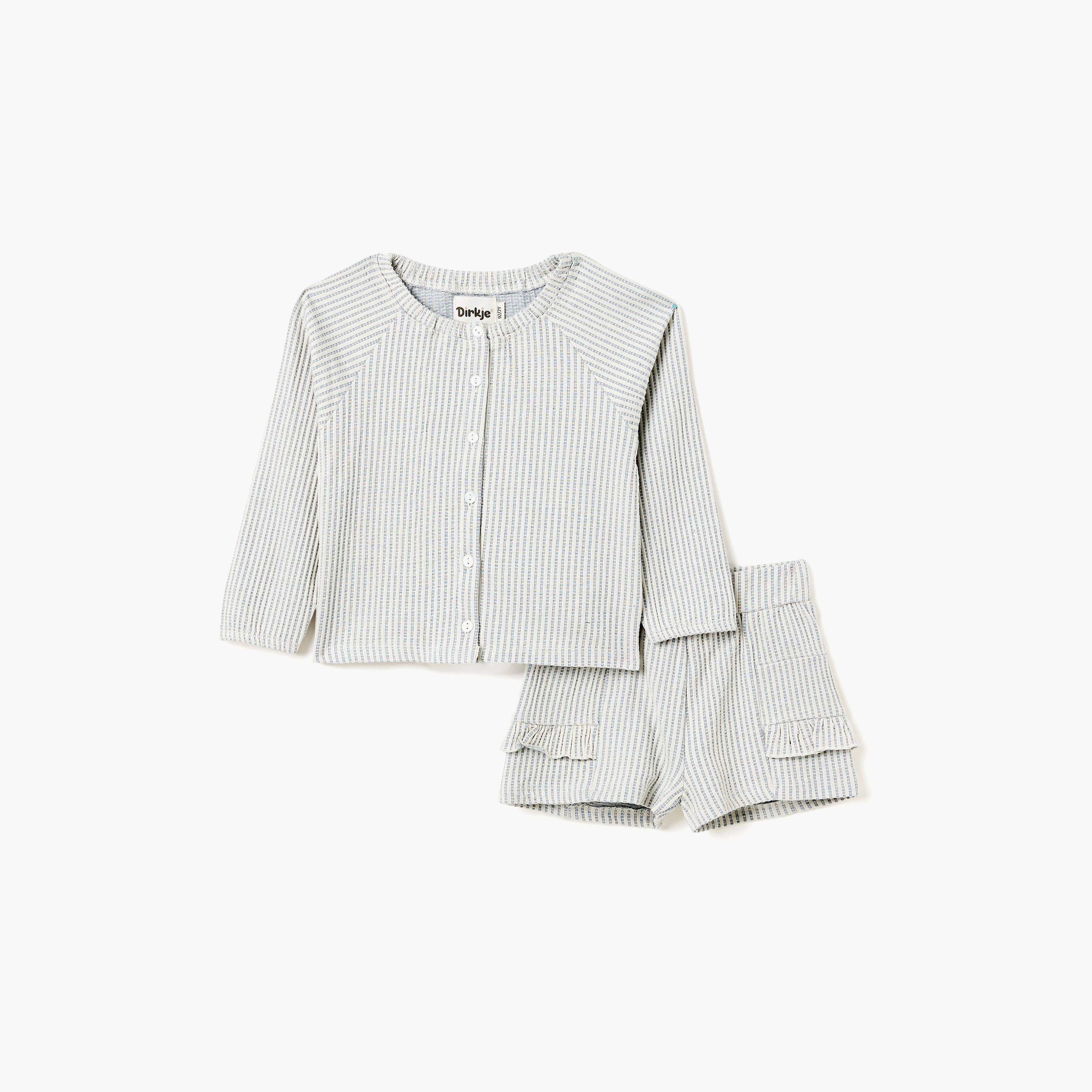 Dirkje Blue-Stripe Seersucker Button-Up Top & Ruffle-Trim Shorts Set-baby-girls-clothing-setsandcoords-image-1