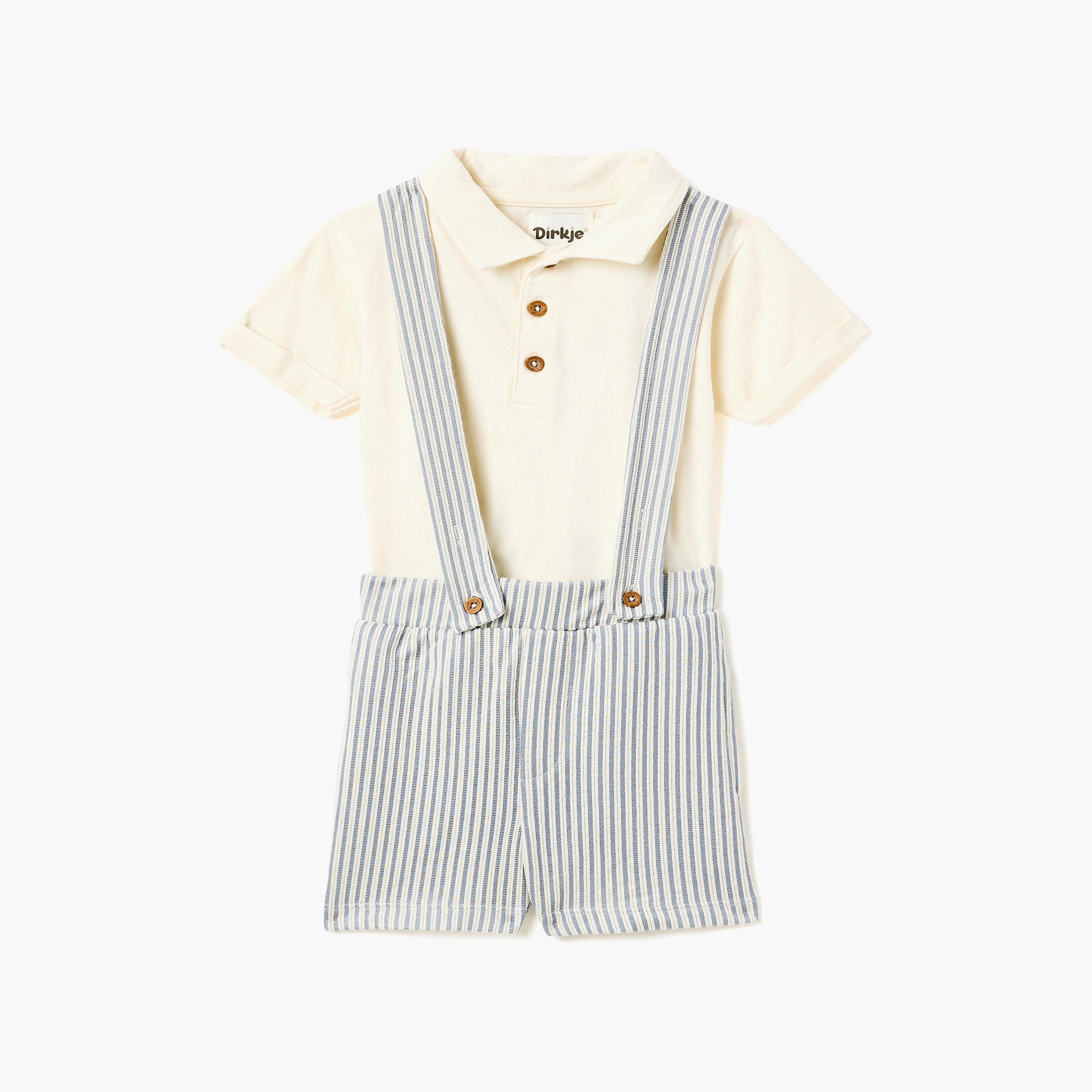 طقم بلوزة بولو كريمي وشورت بحمالات مخطط من ديركجي-boys-clothing-setsandcoords-image-1
