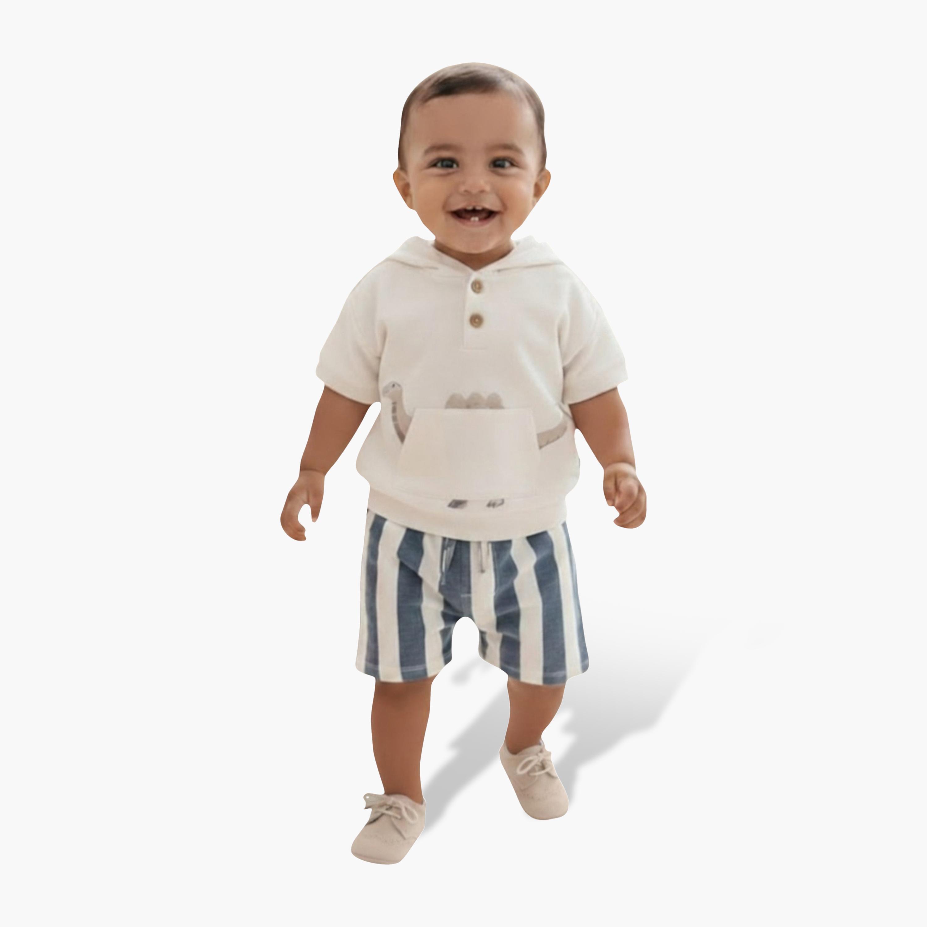 Victor and Jane Half Sleeves Cozy Dino Hooded T-Shirt & Striped Shorts Set-baby-boys-clothing-setsandcoords-image-1
