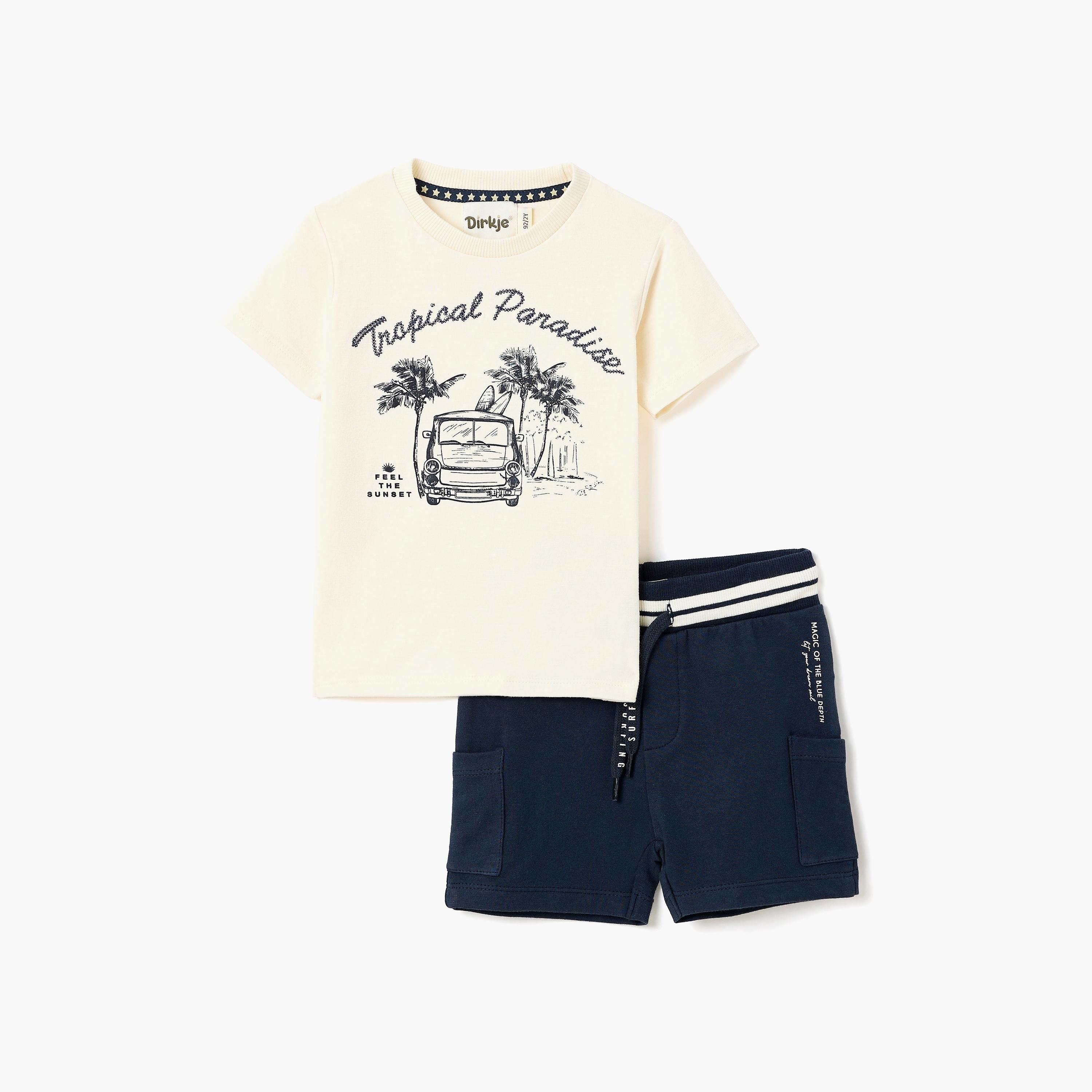 Dirkje ropical Wheels Cotton Tee & Striped-Waistband Shorts Set-baby-boys-clothing-setsandcoords-image-1