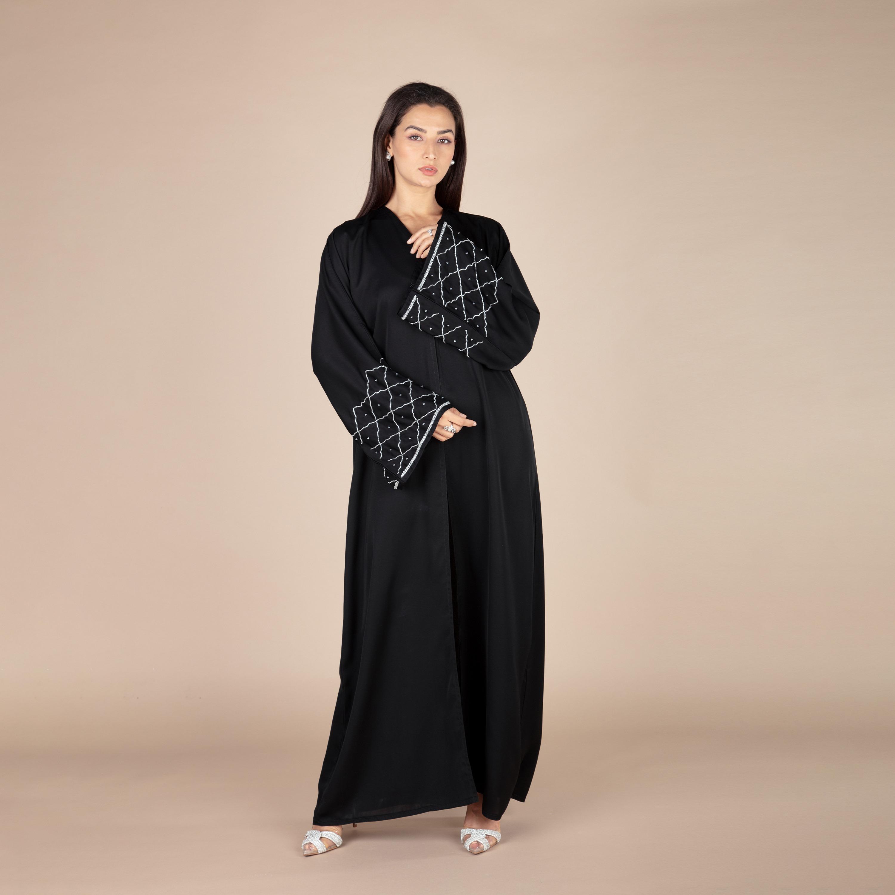 Nukhbaa Plain Beaded Detailed Sleeves Abaya with Hijab-women-arabicclothing-abayas-image-1