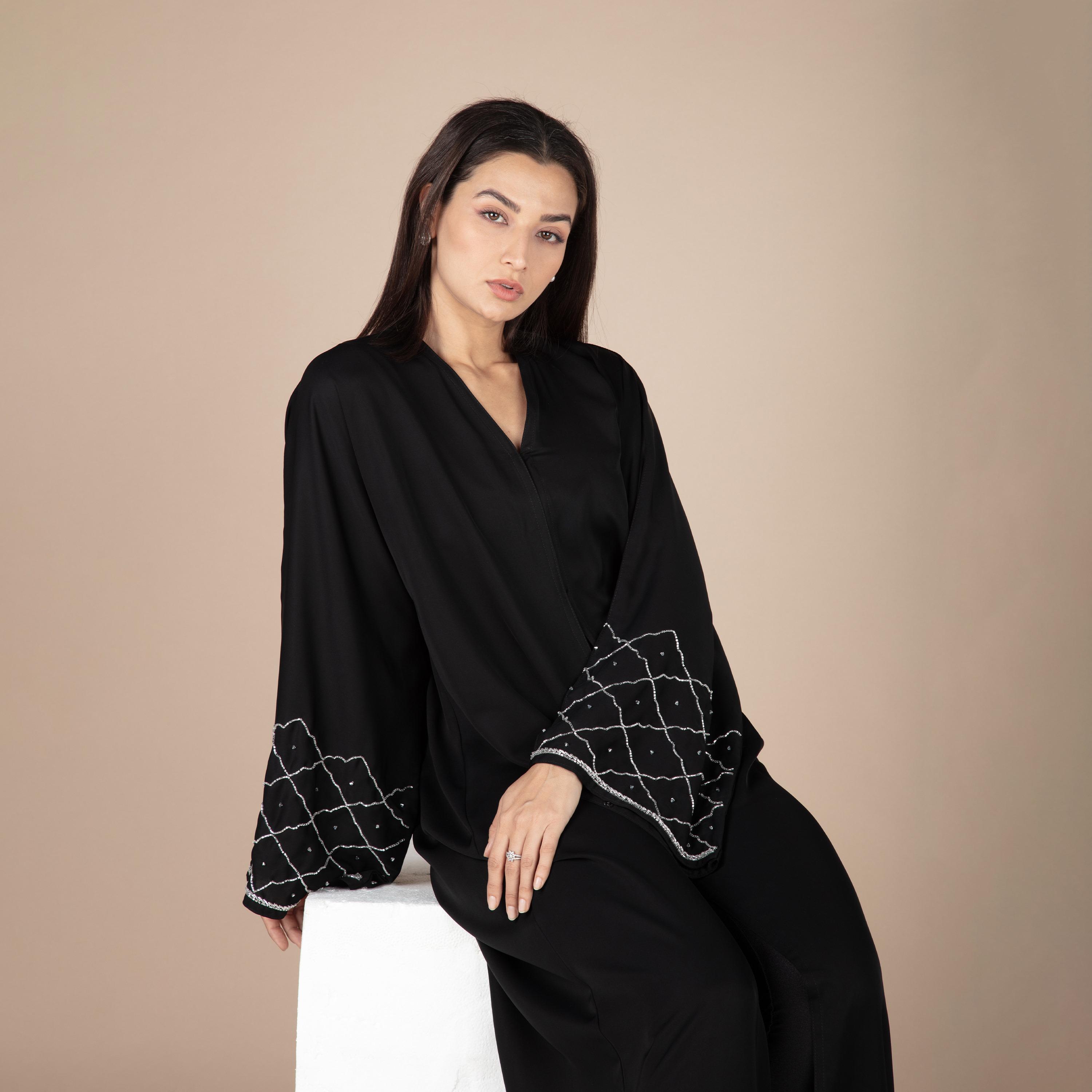 Nukhbaa Plain Beaded Detailed Sleeves Abaya with Hijab-women-arabicclothing-abayas-image-2