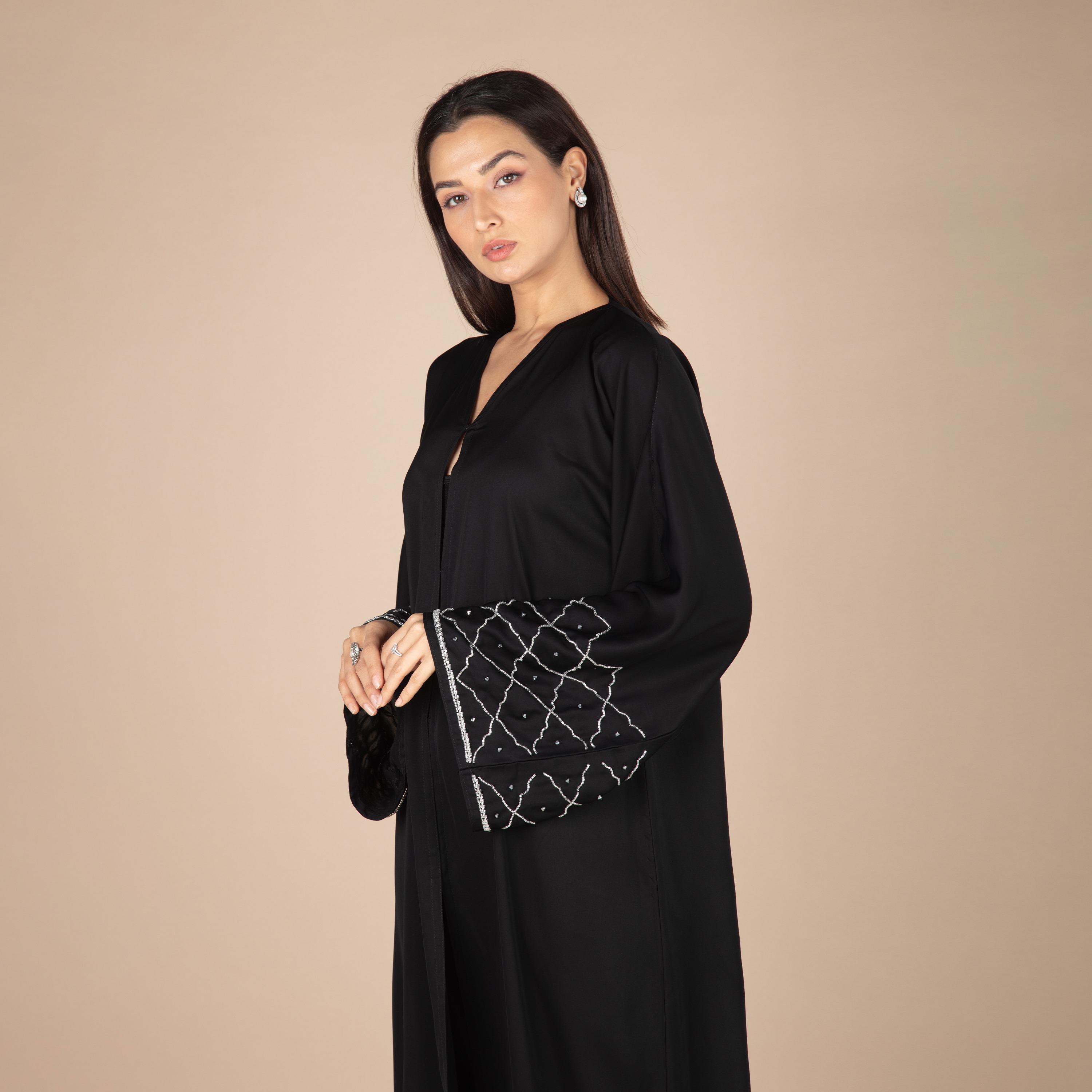 Nukhbaa Plain Beaded Detailed Sleeves Abaya with Hijab-women-arabicclothing-abayas-image-3