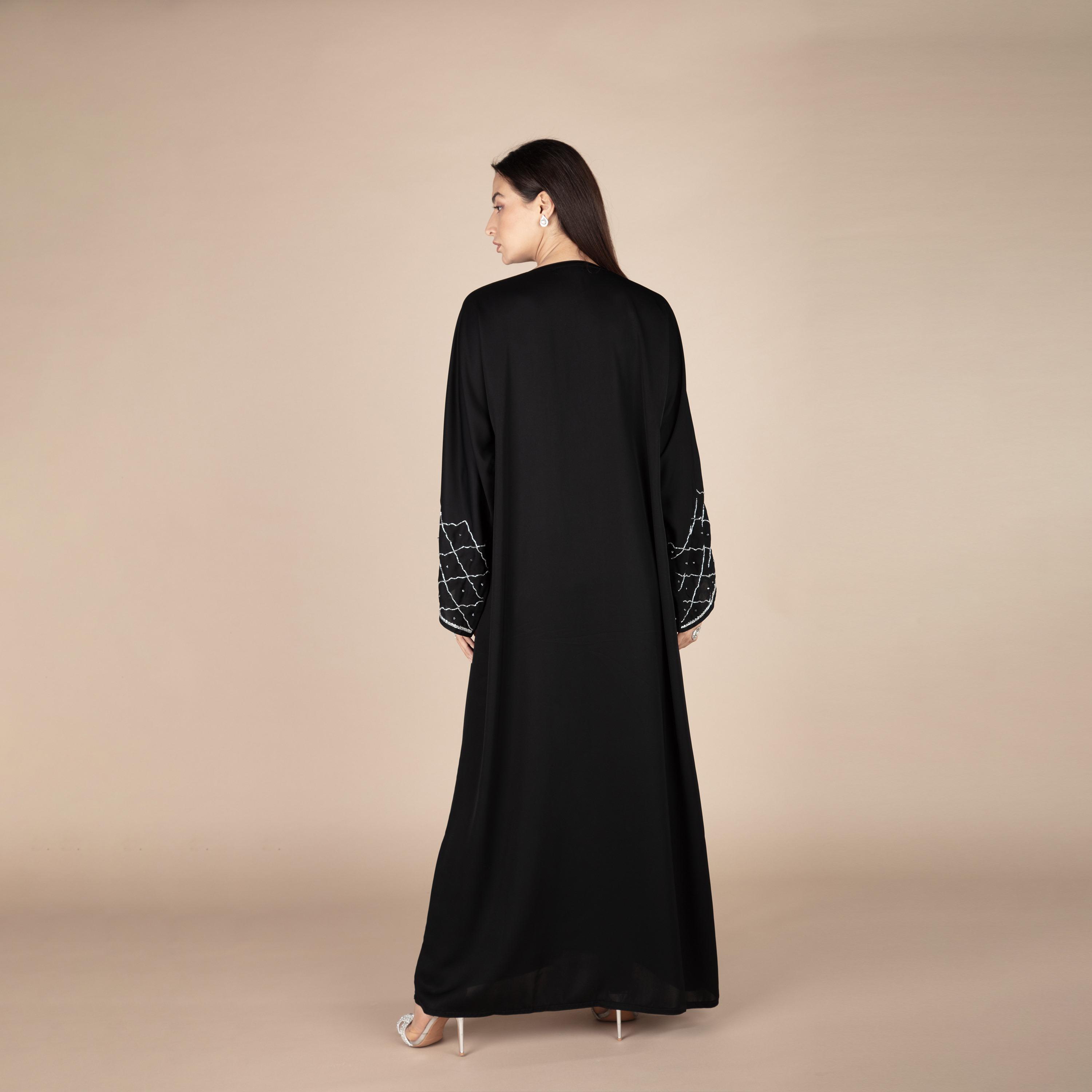 Nukhbaa Plain Beaded Detailed Sleeves Abaya with Hijab-women-arabicclothing-abayas-image-4