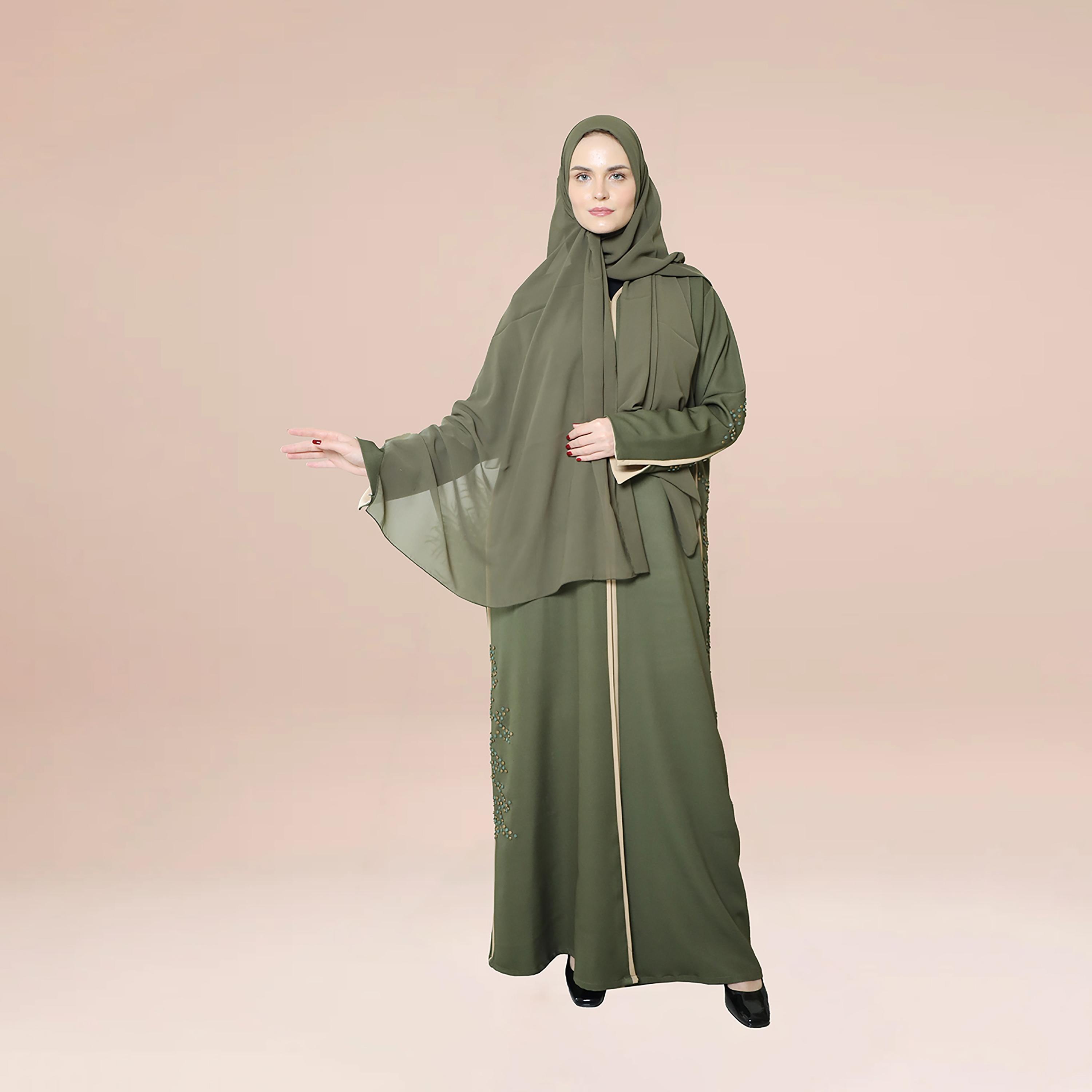 نخبه عباية بتفاصيل معدنية مع حجاب-women-arabicclothing-abayas-image-1
