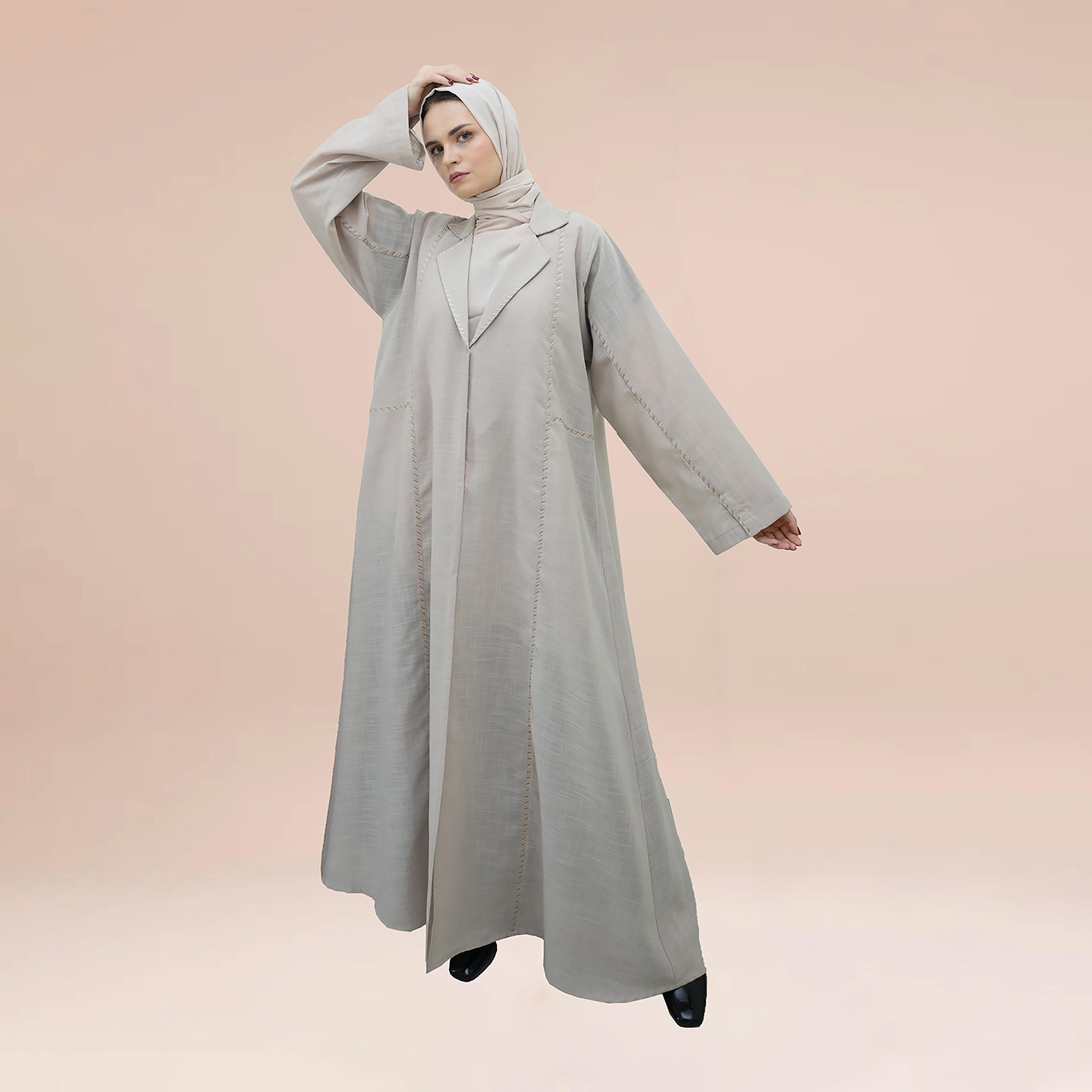 Nukhbaa Embroidered Detailed Coat Style Abaya with Hijab-women-arabicclothing-abayas-image-1