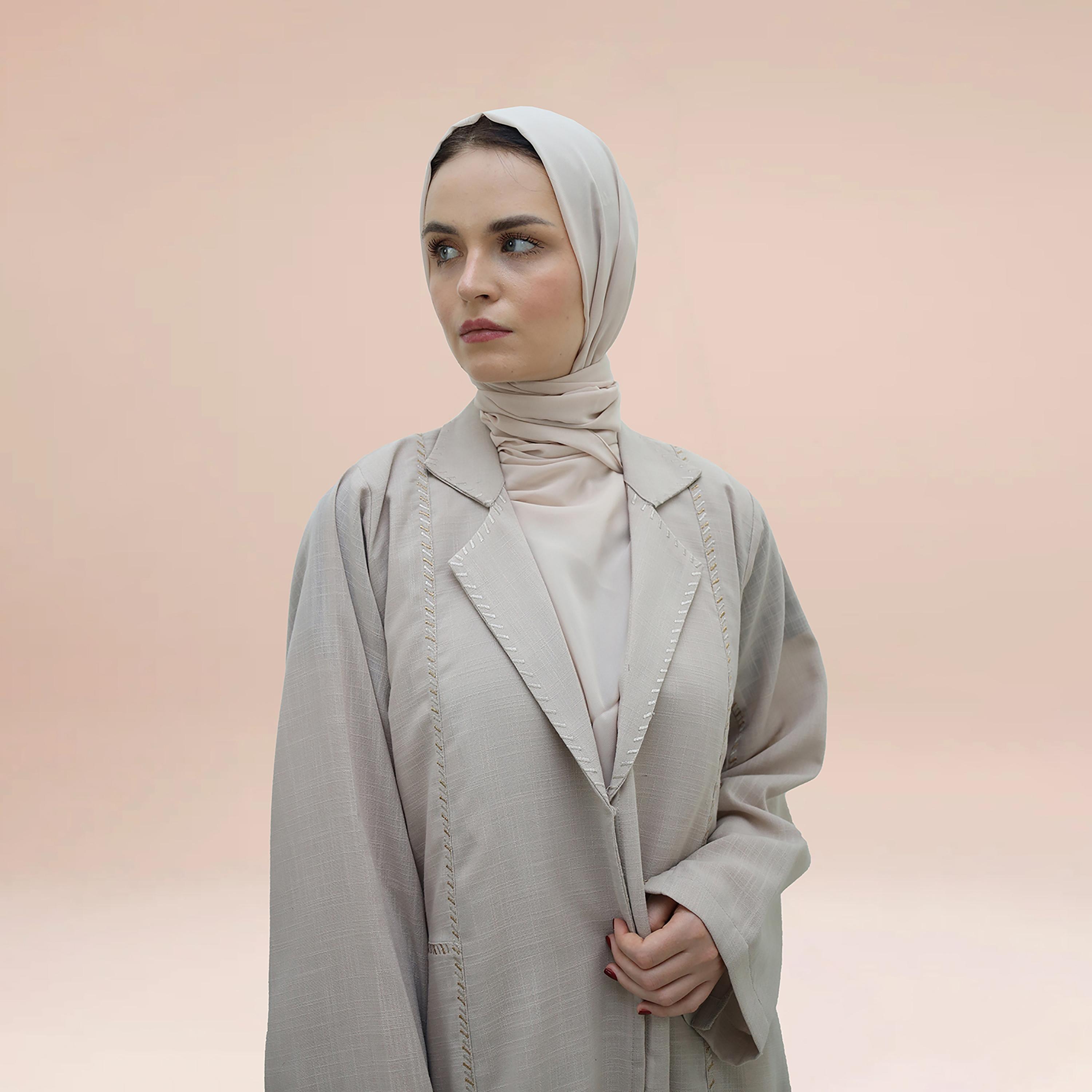 Nukhbaa Embroidered Detailed Coat Style Abaya with Hijab-women-arabicclothing-abayas-image-2