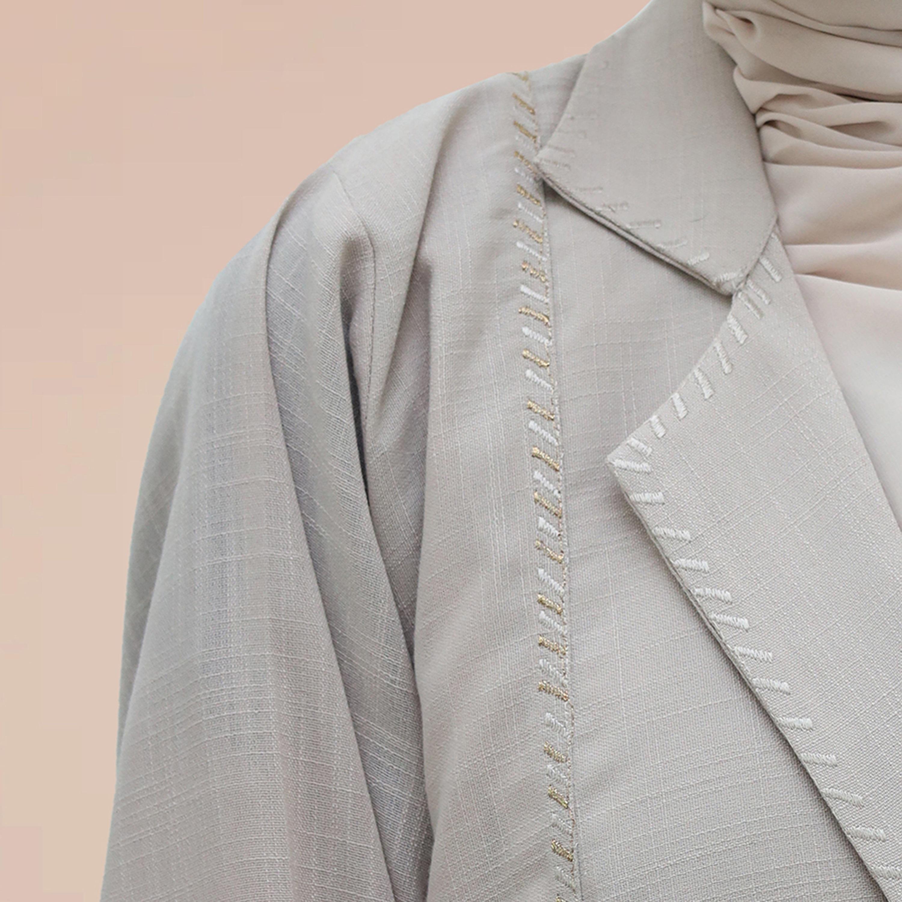 Nukhbaa Embroidered Detailed Coat Style Abaya with Hijab-women-arabicclothing-abayas-image-3