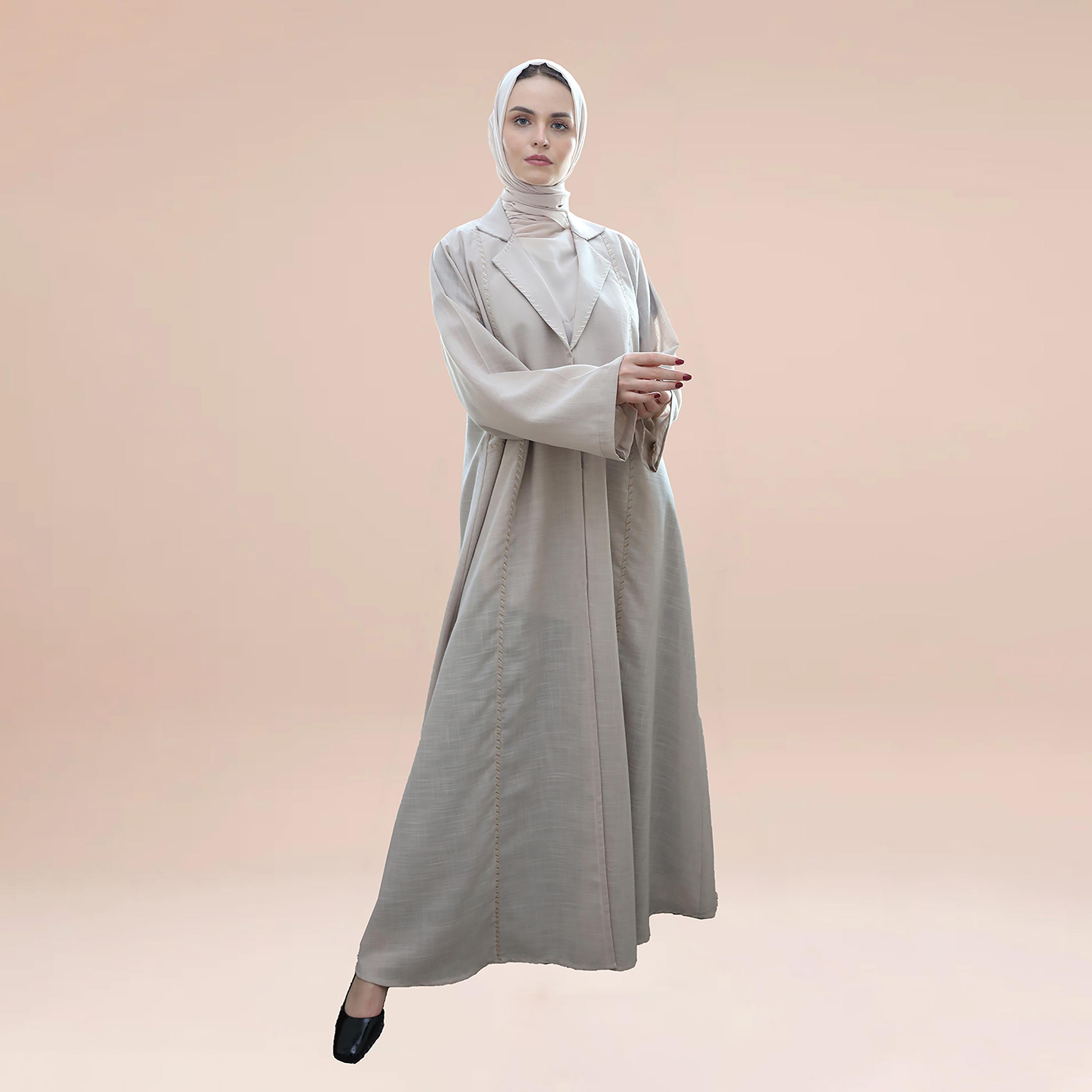 Nukhbaa Embroidered Detailed Coat Style Abaya with Hijab-women-arabicclothing-abayas-image-4