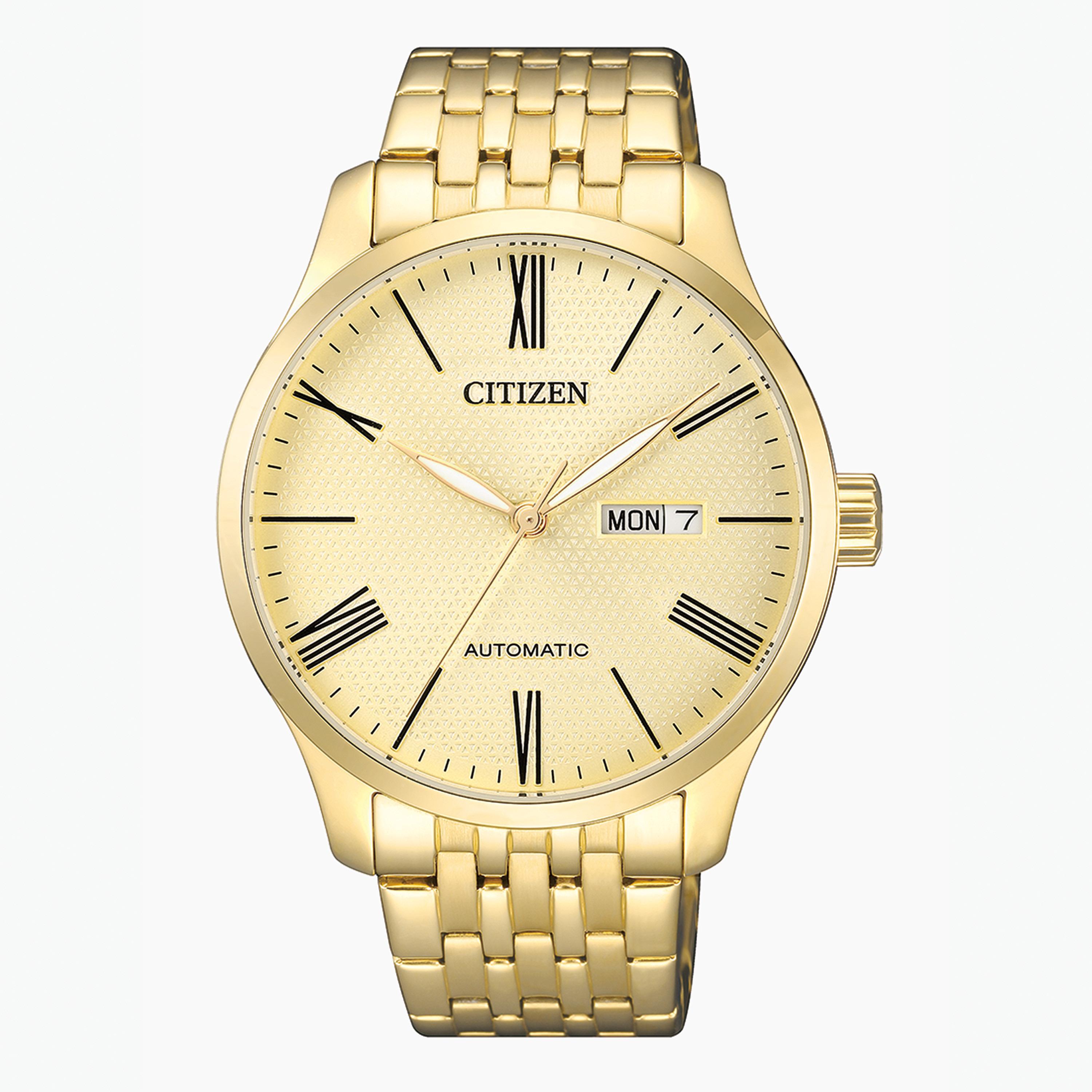 ساعة تناظرية ذهبية اليوم والتاريخ بحزام معدني للرجال من سيتيزن - NH8352 53P-men-watchesandjewellery-watches-image-1