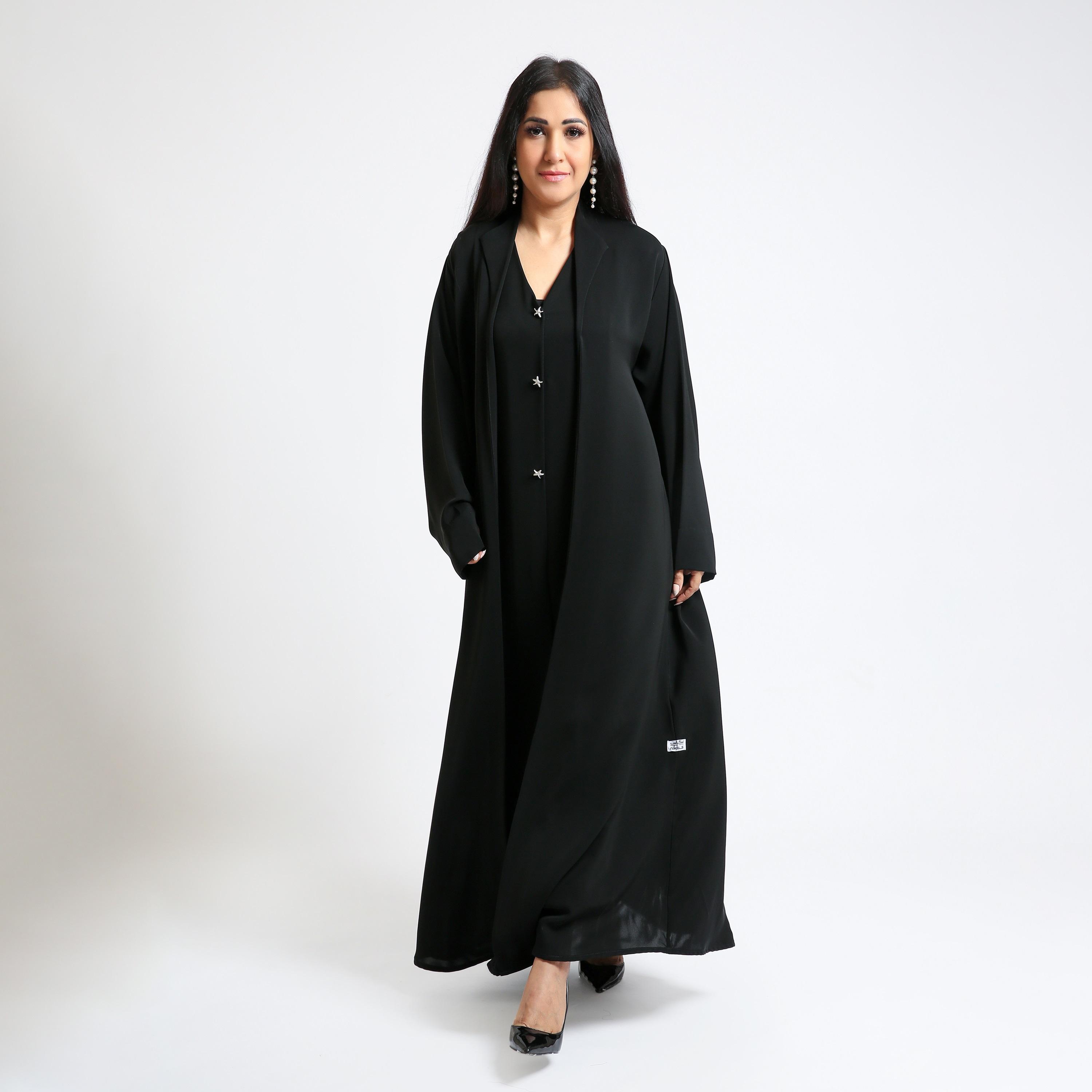 عباية نسائية بياقة وأكمام واسعة قماش ندى - أسود من نكياس-women-arabicclothing-abayas-image-1
