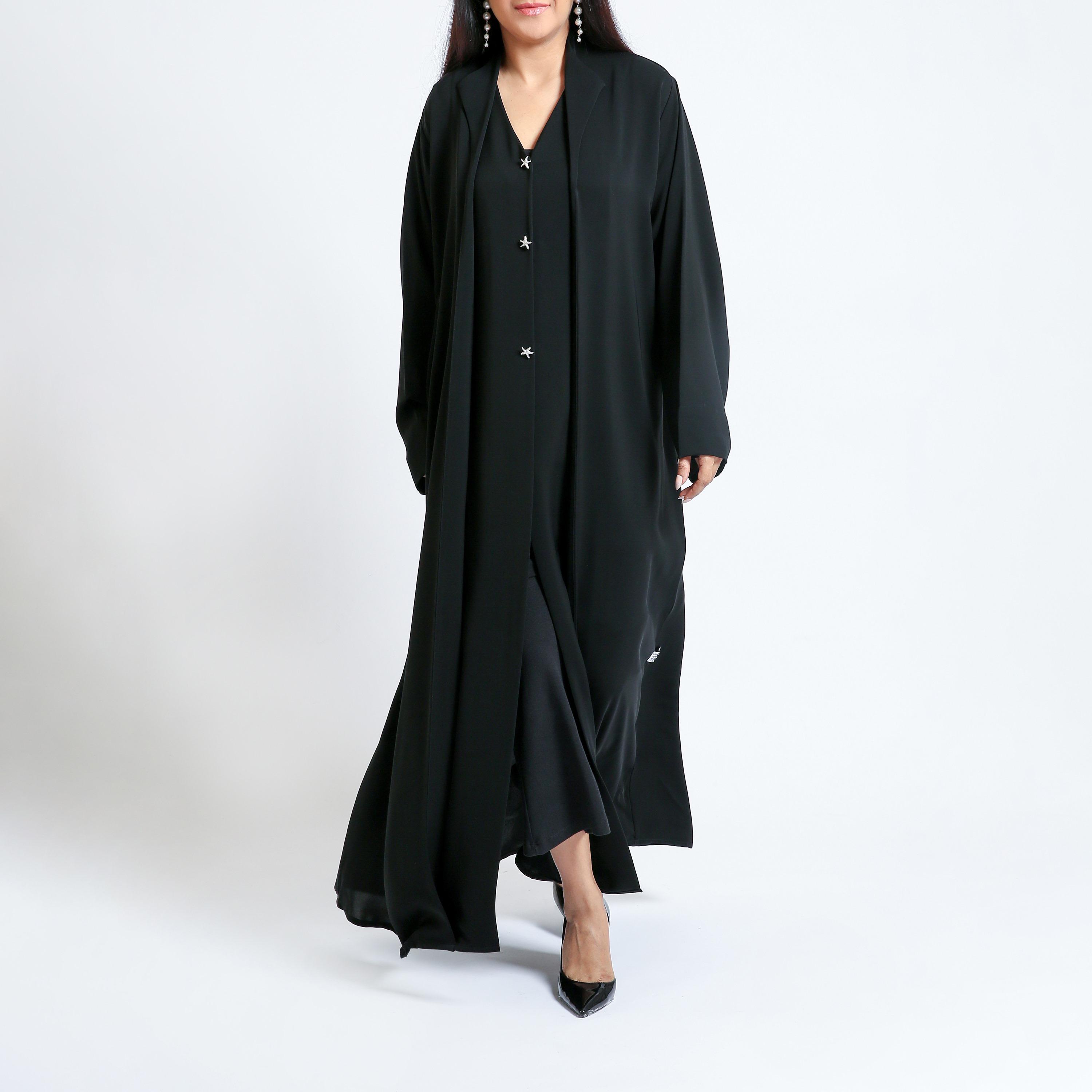 عباية نسائية بياقة وأكمام واسعة قماش ندى - أسود من نكياس-women-arabicclothing-abayas-image-3
