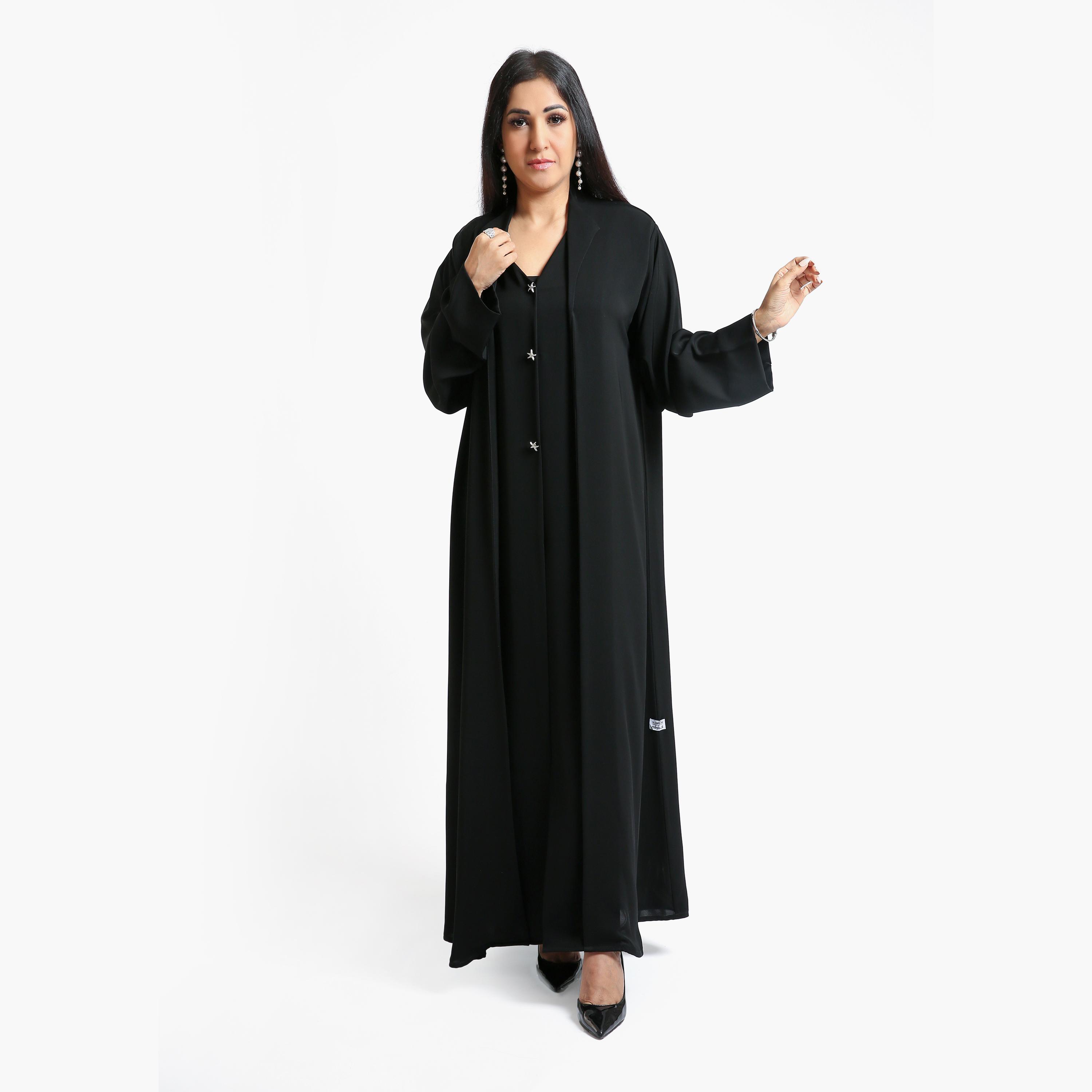 عباية نسائية بياقة وأكمام واسعة قماش ندى - أسود من نكياس-women-arabicclothing-abayas-image-4
