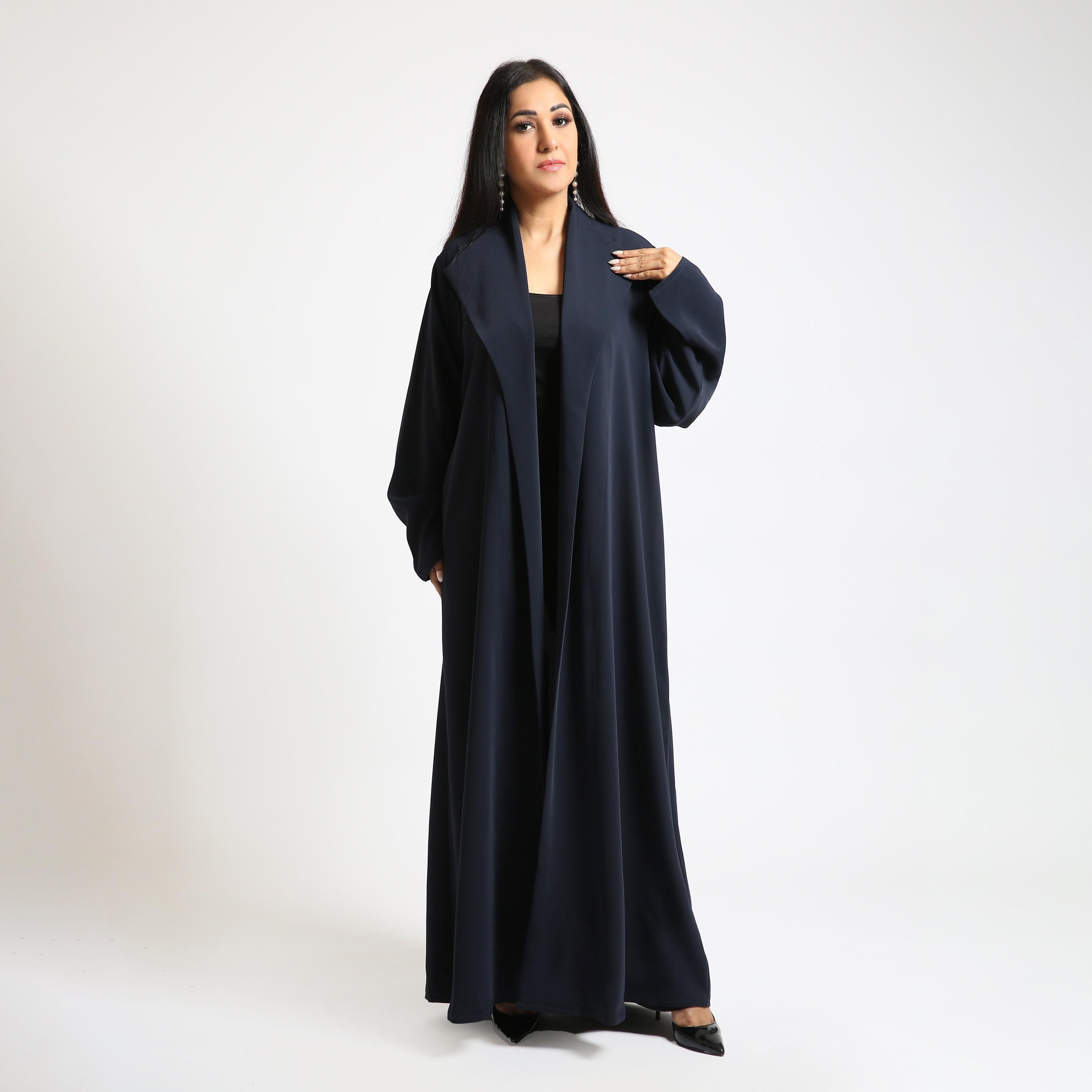 عباية نسائية بياقة مطوية قماش ندى - أزرق من نكياس-women-arabicclothing-abayas-image-1